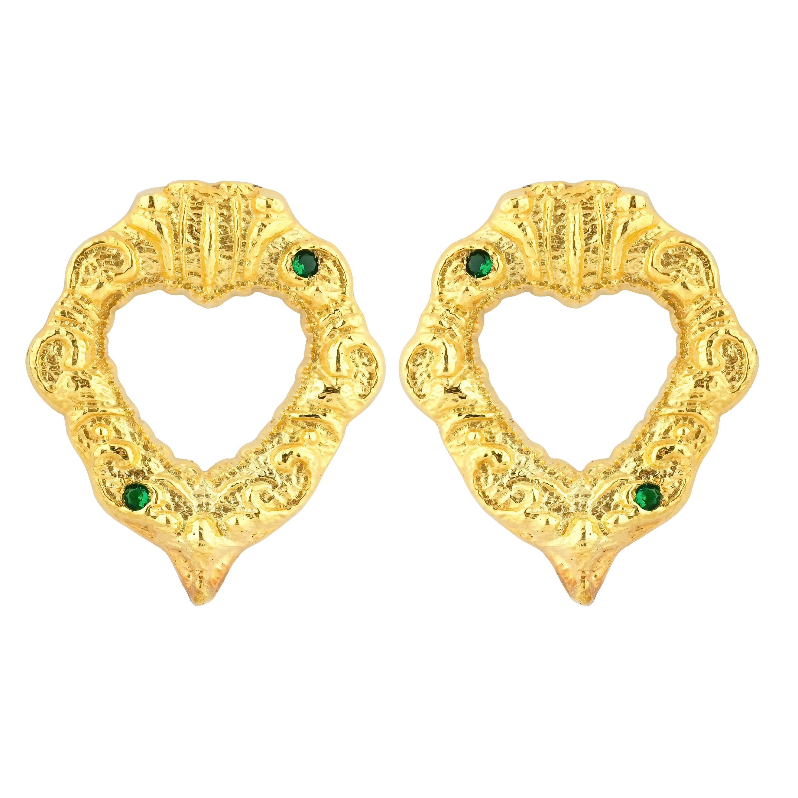 Gold-plated heart earrings with green crystals