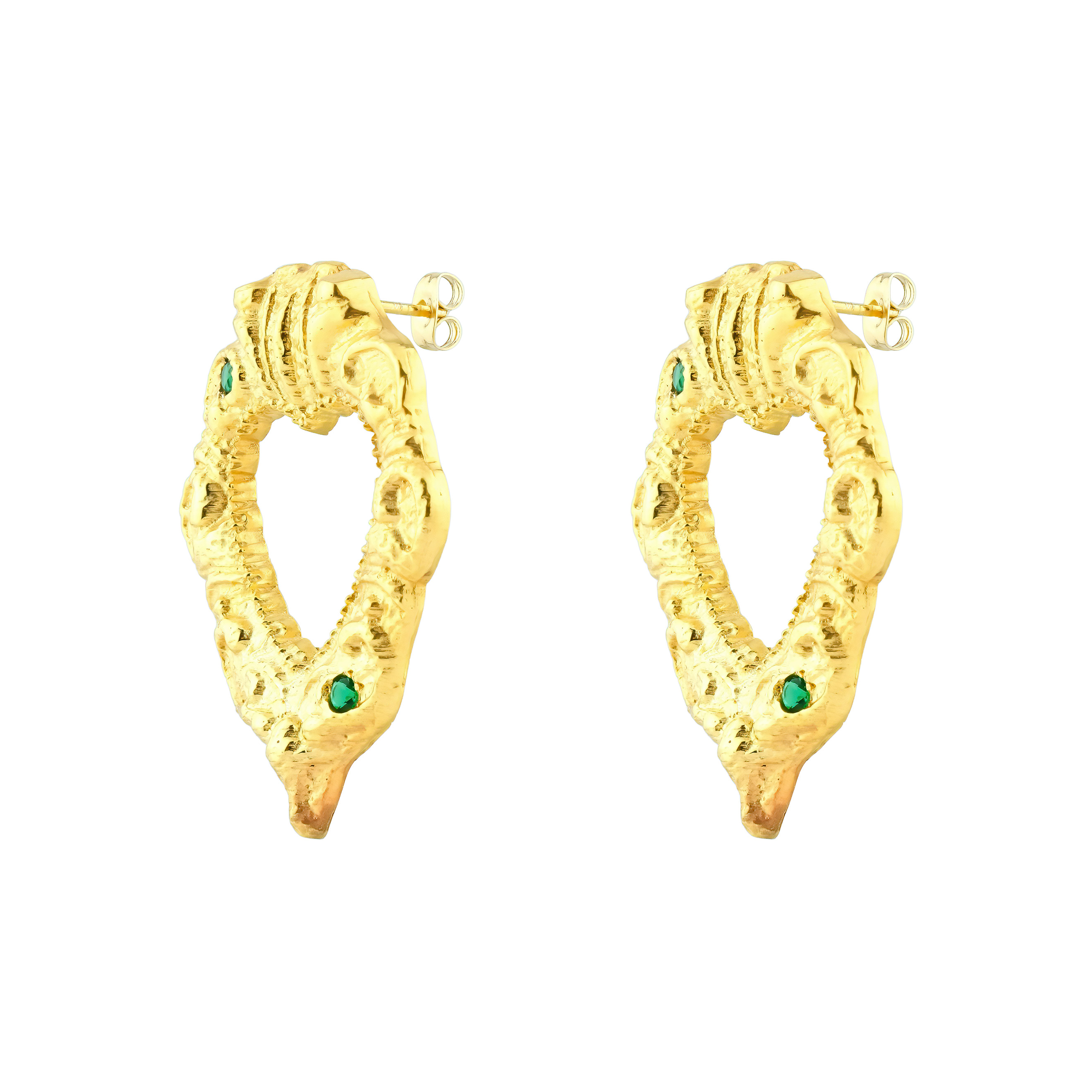 Gold-plated heart earrings with green crystals