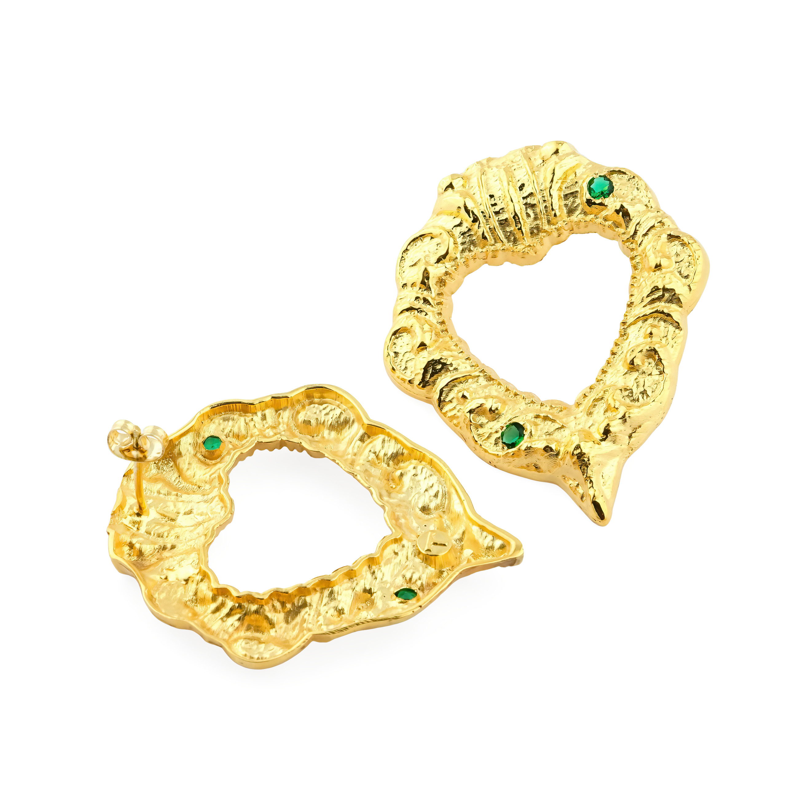 Gold-plated heart earrings with green crystals