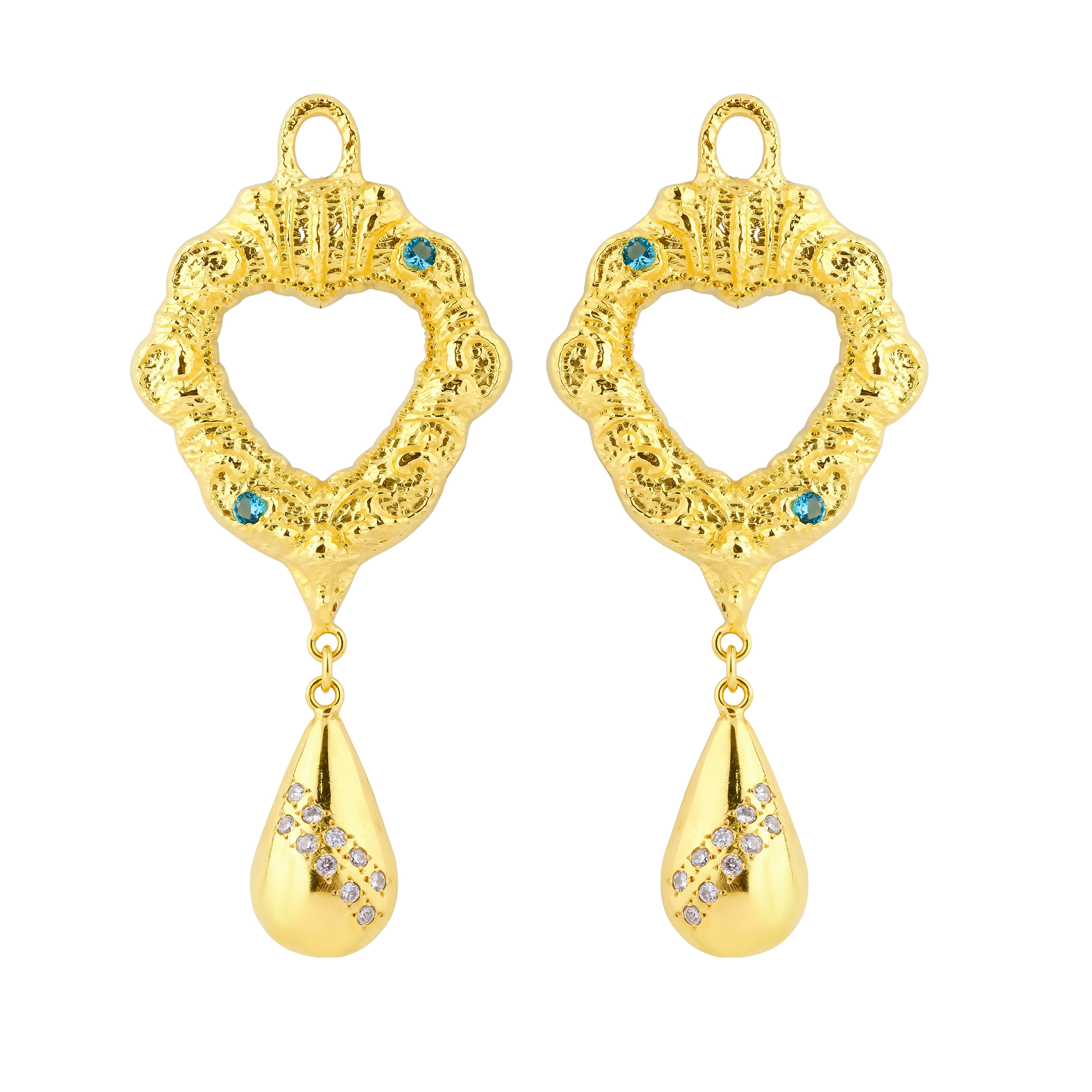 Gold-plated heart earrings with a drop and crystals