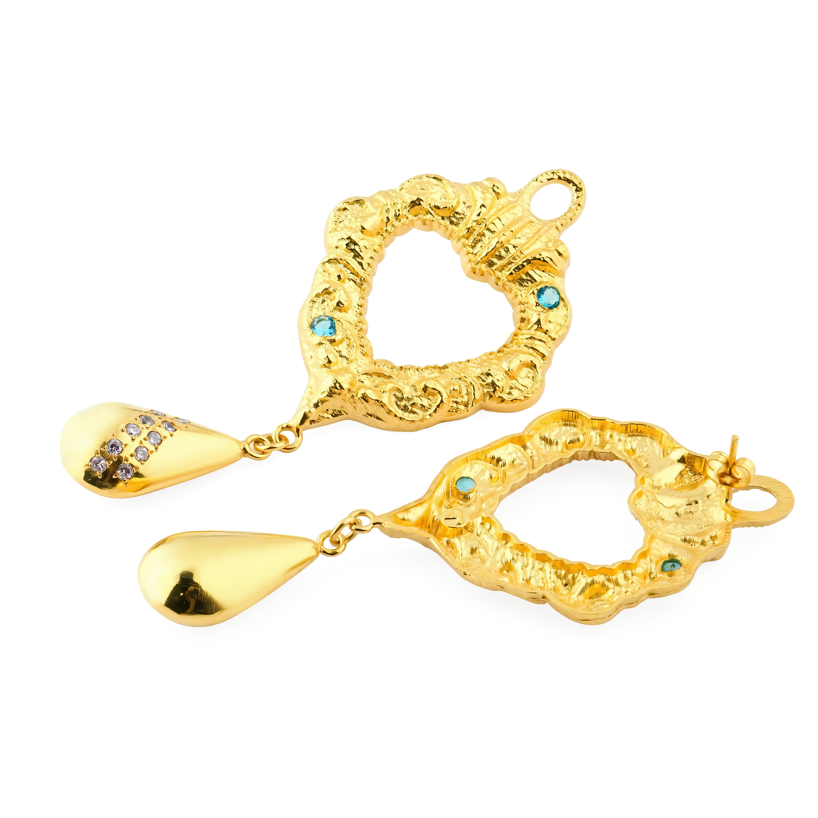 Gold-plated heart earrings with a drop and crystals