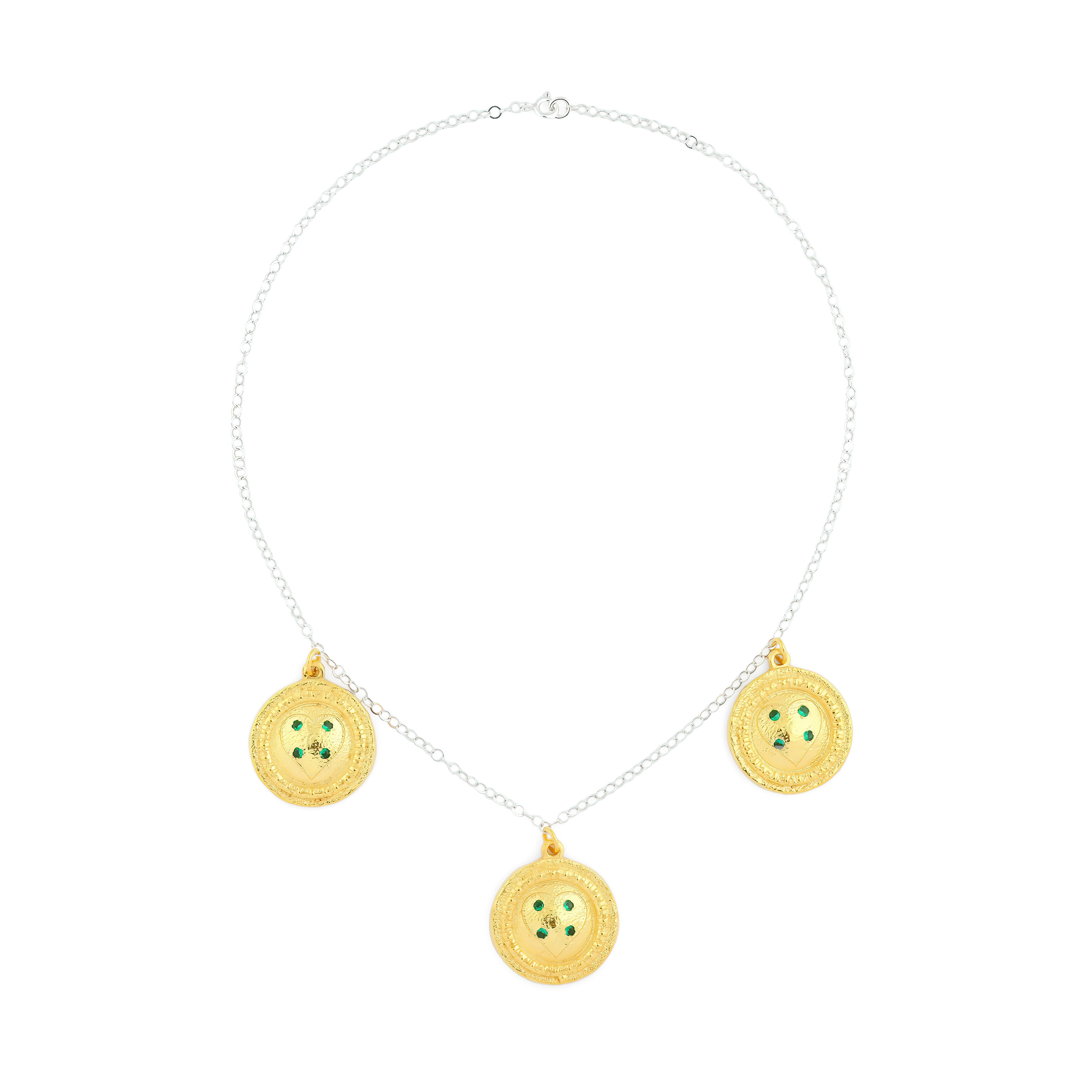 necklace with gilded round pendants with green crystals