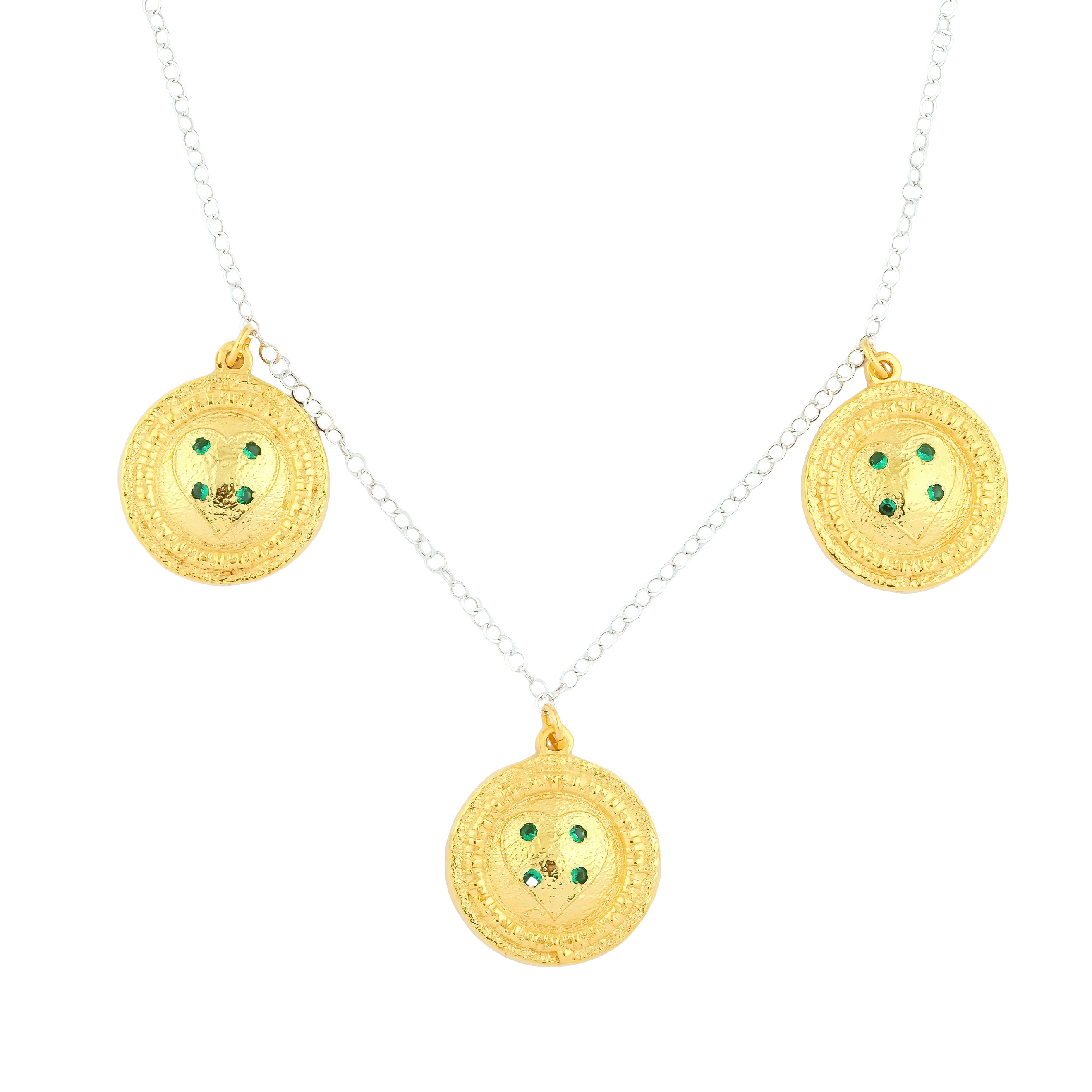 necklace with gilded round pendants with green crystals