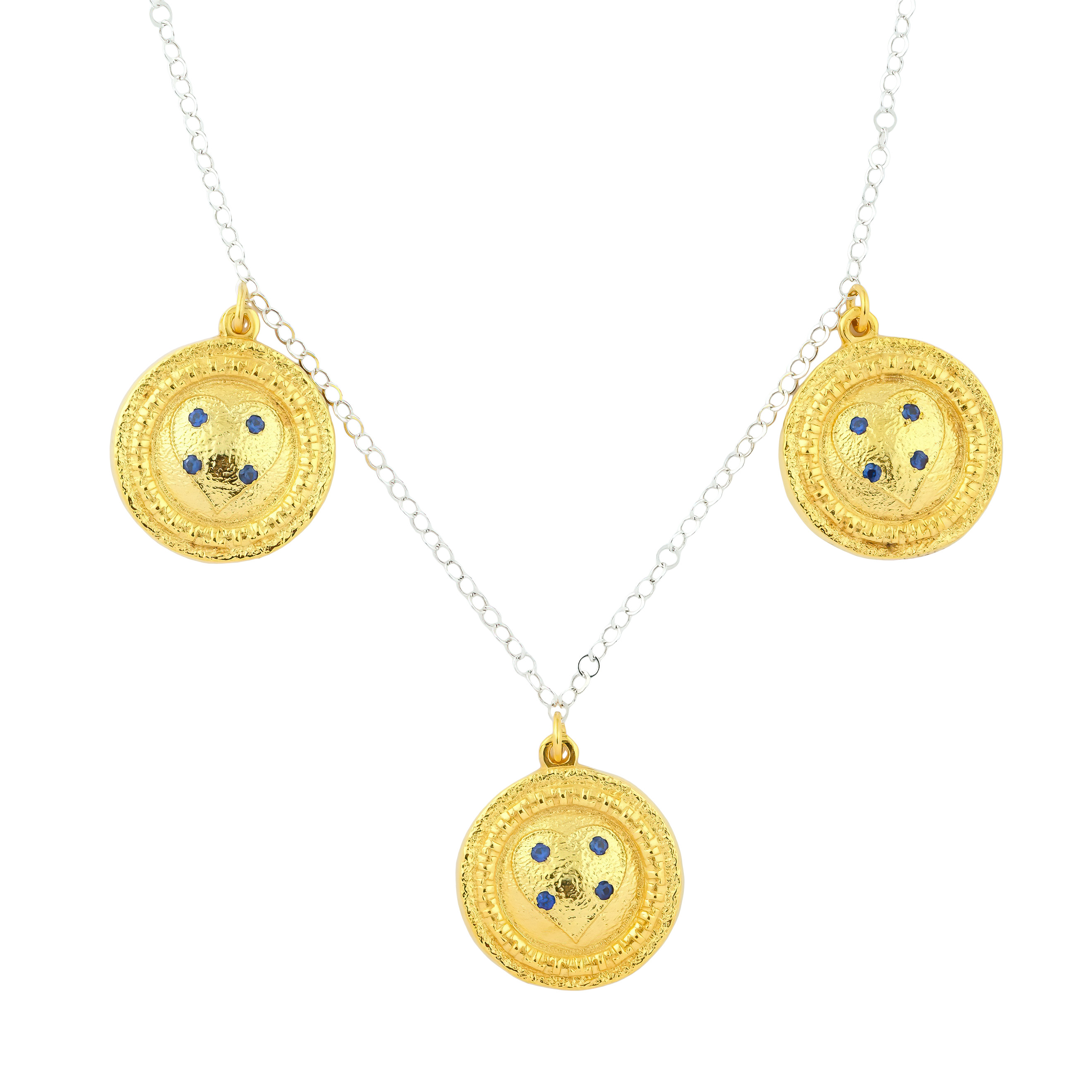necklace with gilded round pendants with blue crystals