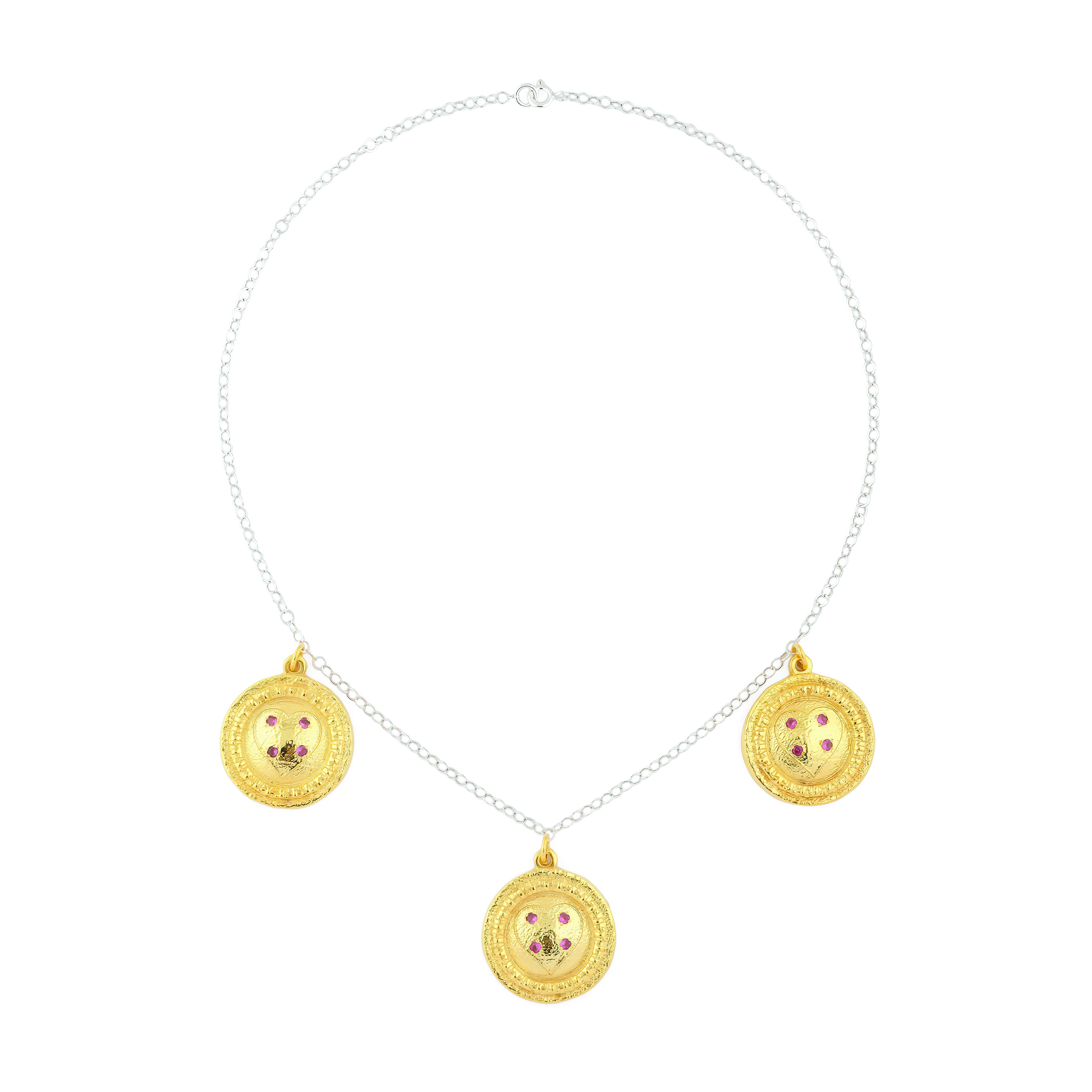 necklace with gold-plated round pendants with red crystals