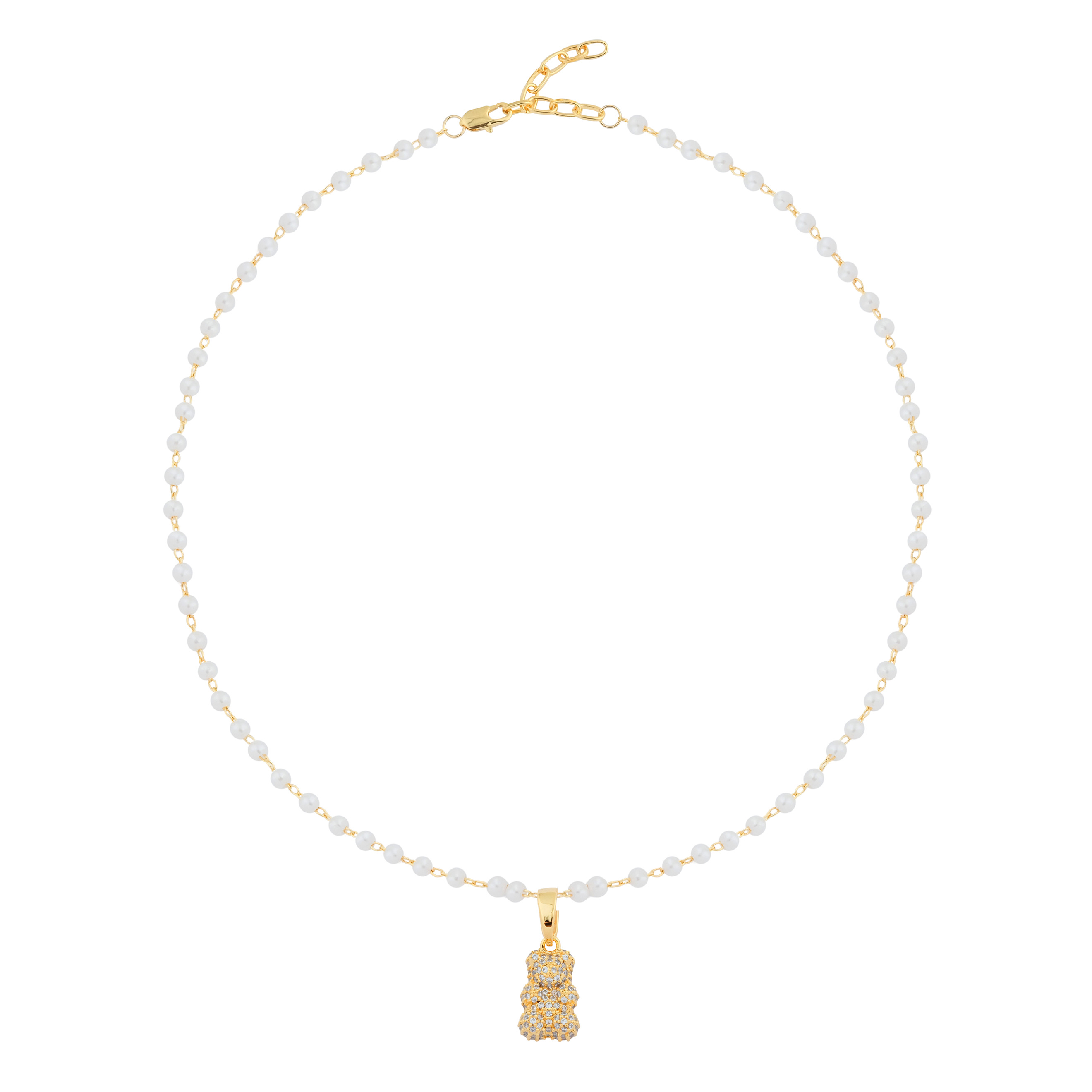 necklace with pearls and a bear pendant with crystals