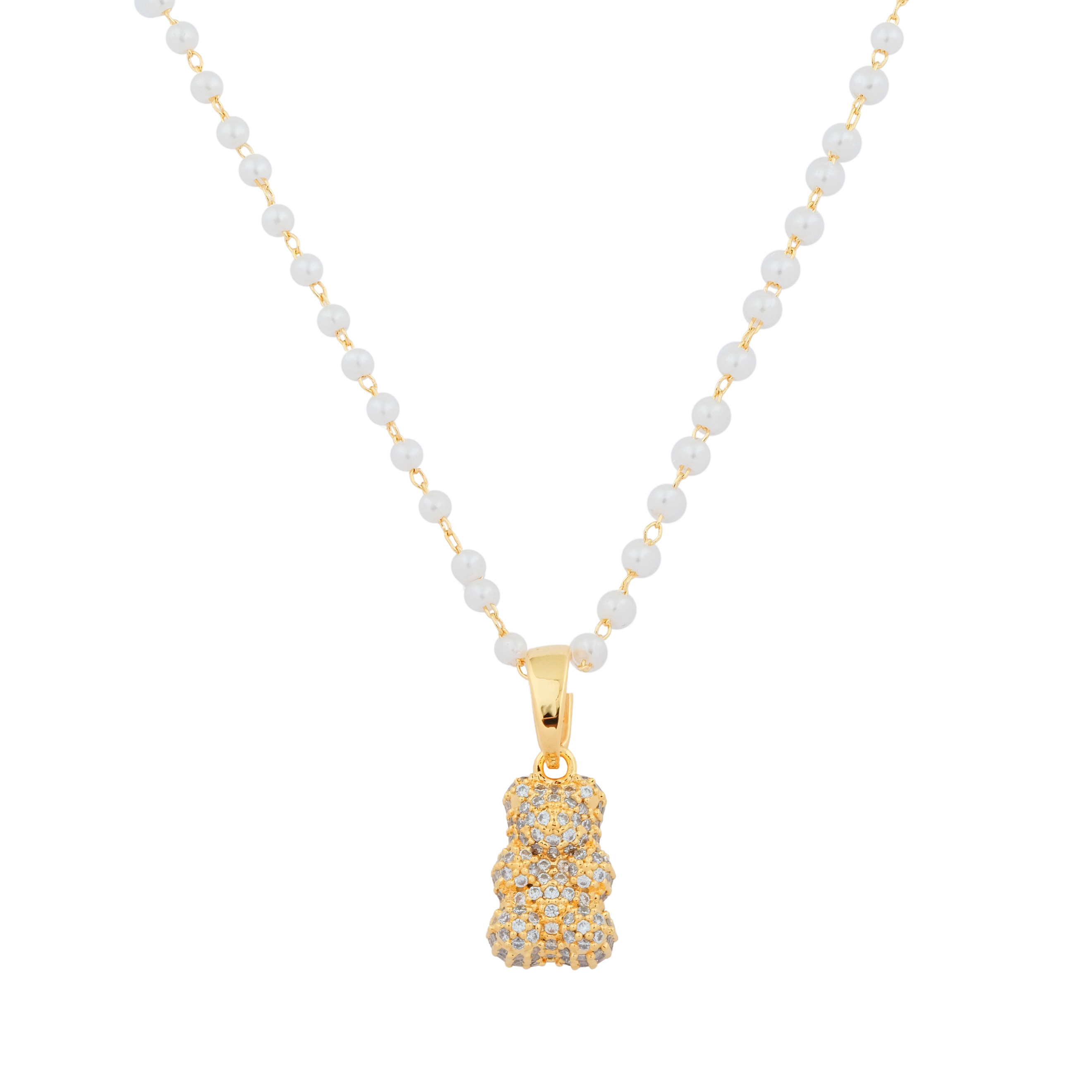 necklace with pearls and a bear pendant with crystals