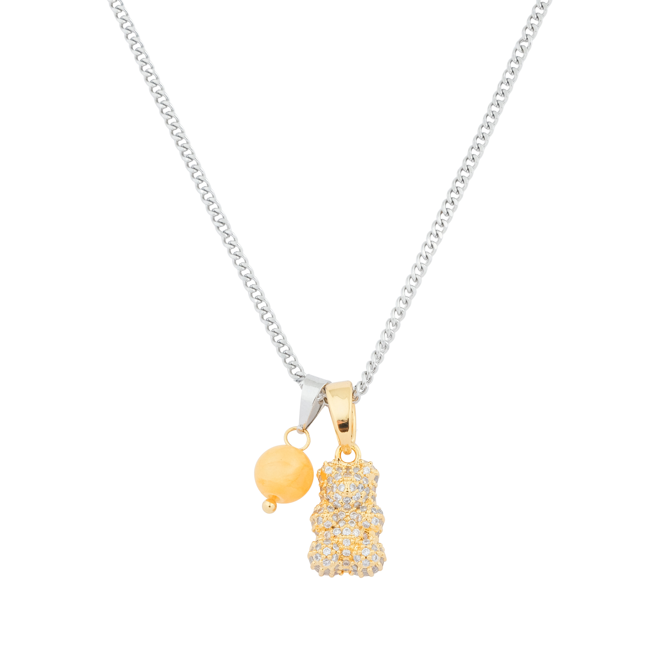 Necklace with a golden bear pendant and a yellow bead