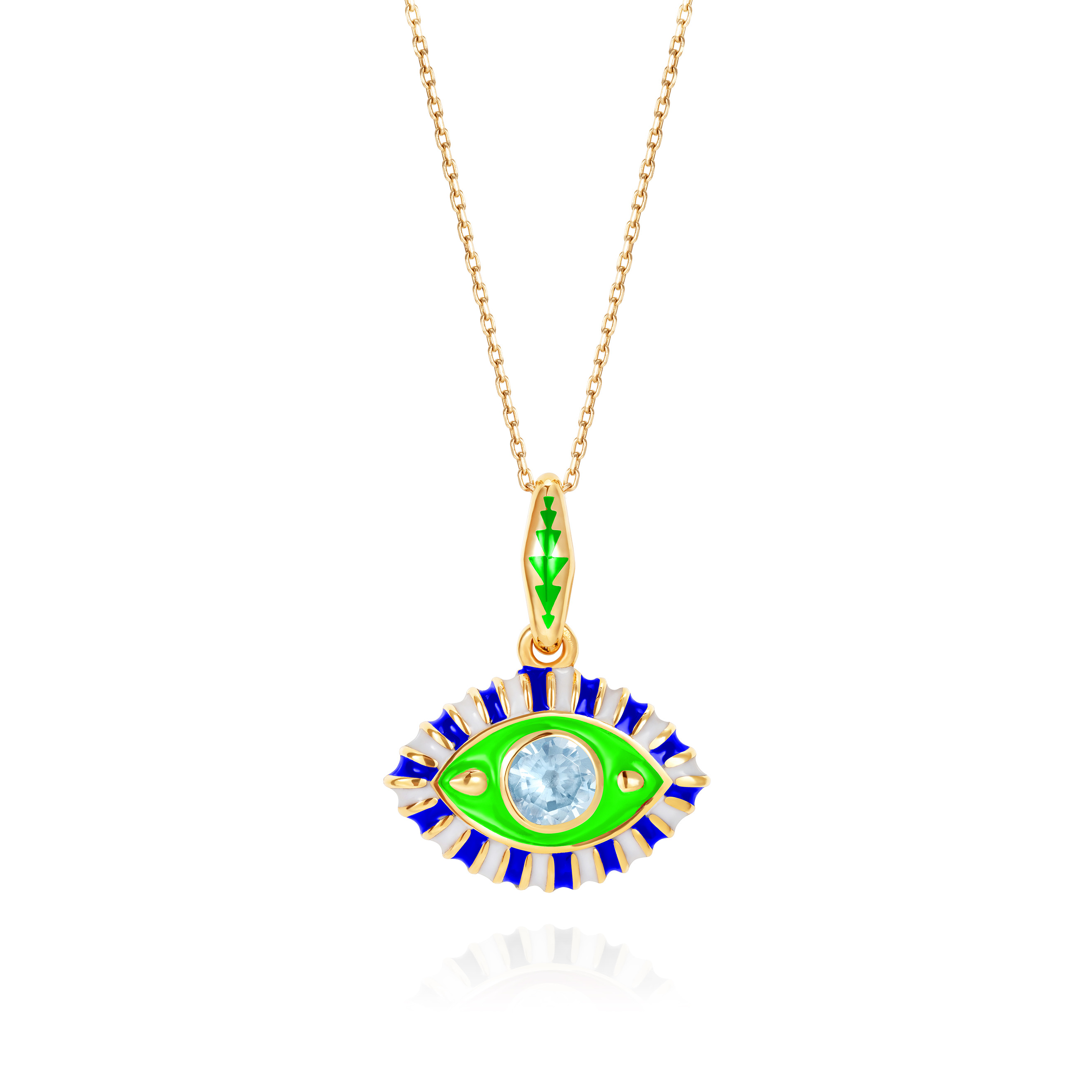 Pendant on a gold chain with green and blue enamel and blue topaz in the form of an eye