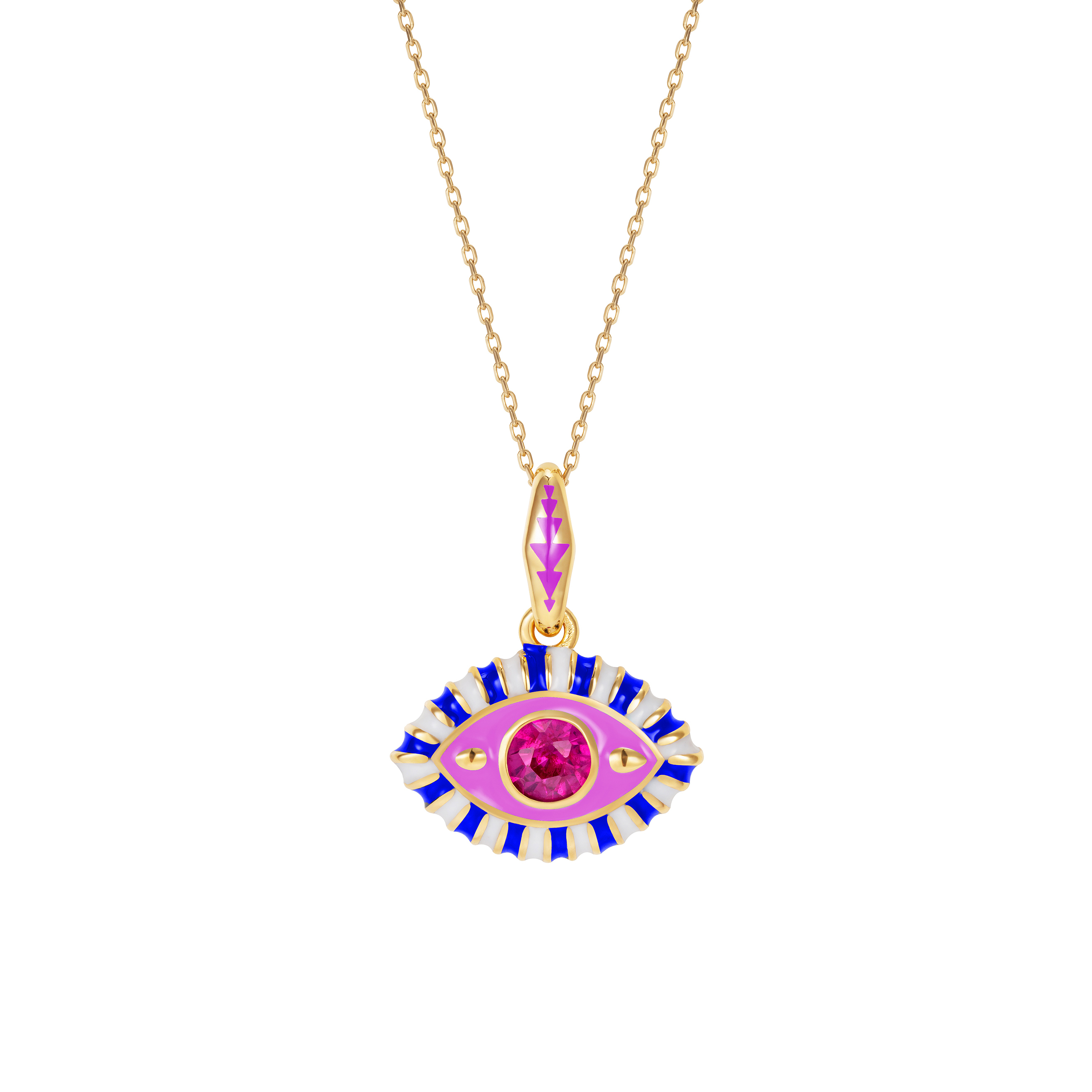 Pendant on a gold chain with purple and blue enamel and pink topaz in the form of an eye