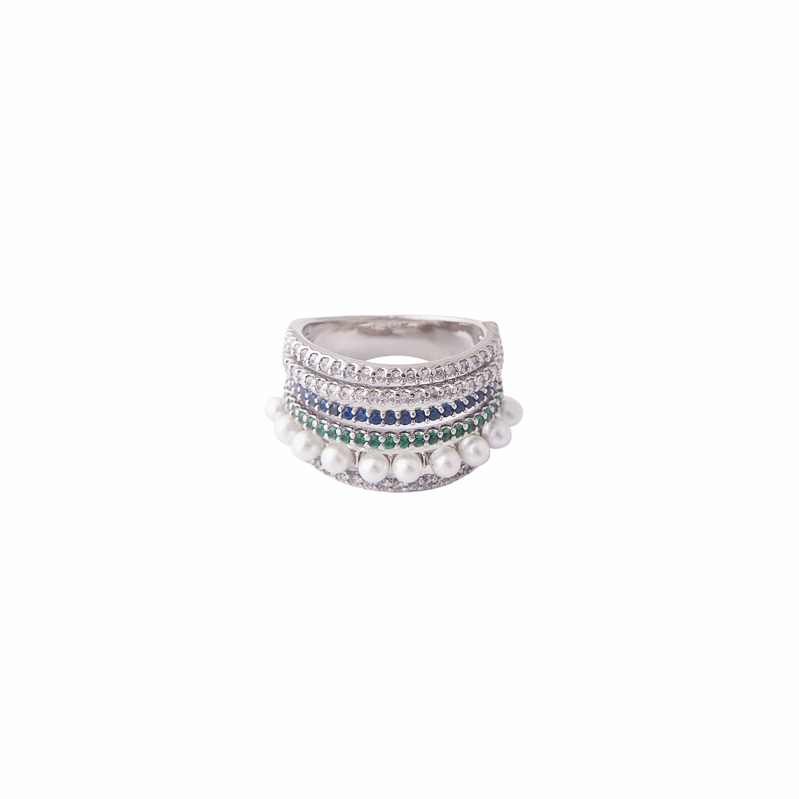 multi-level ring of white, blue, green crystals and pearls