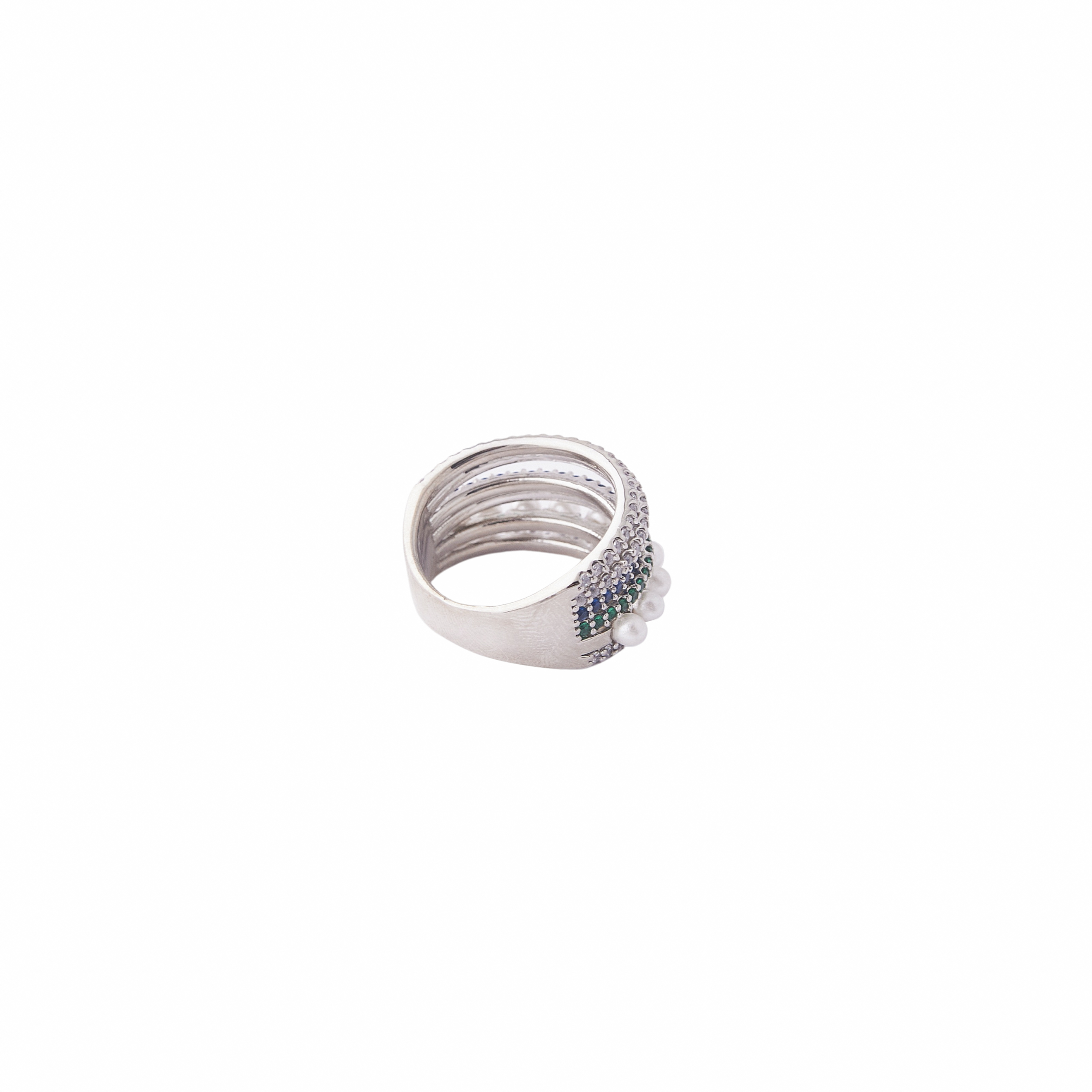 multi-level ring of white, blue, green crystals and pearls