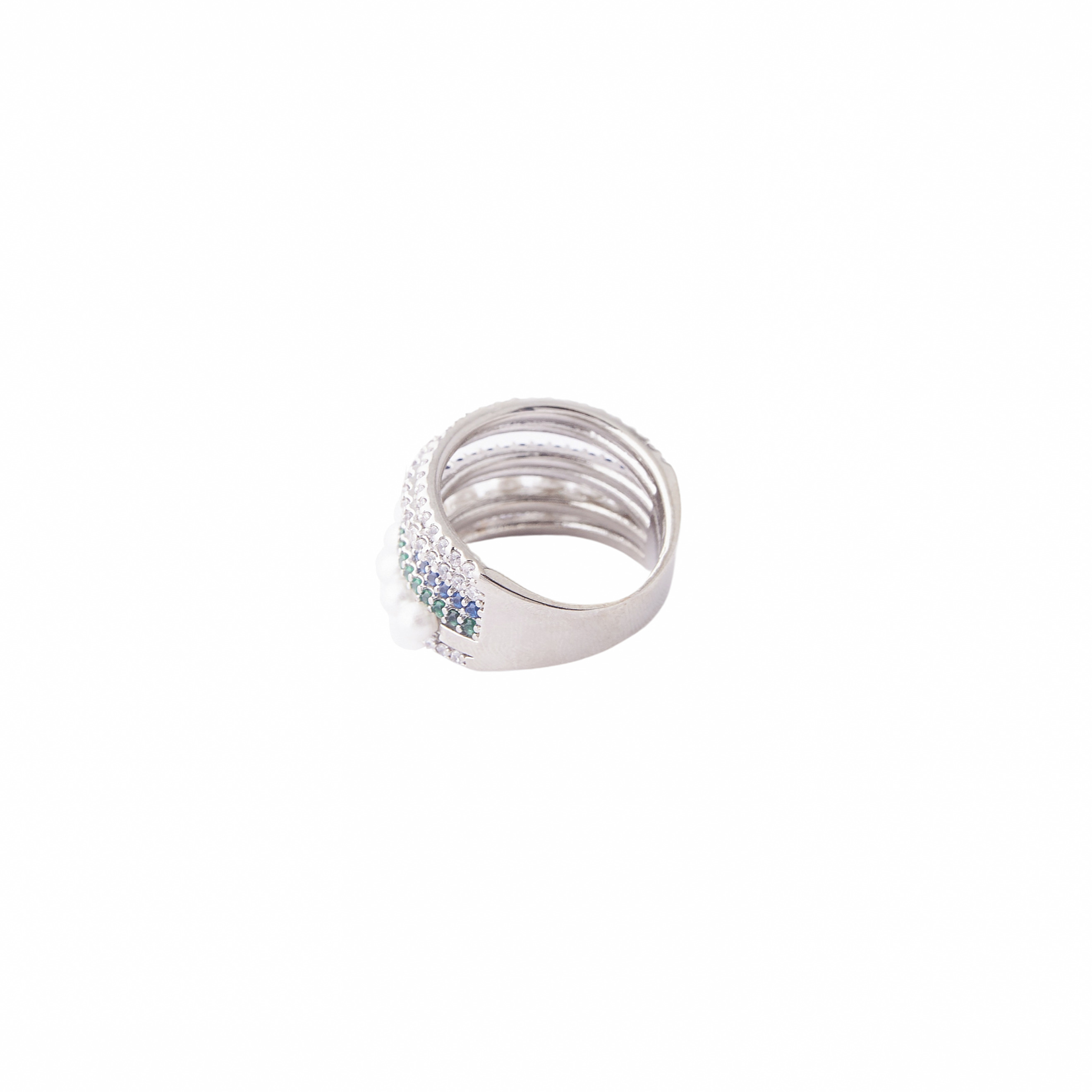 multi-level ring of white, blue, green crystals and pearls