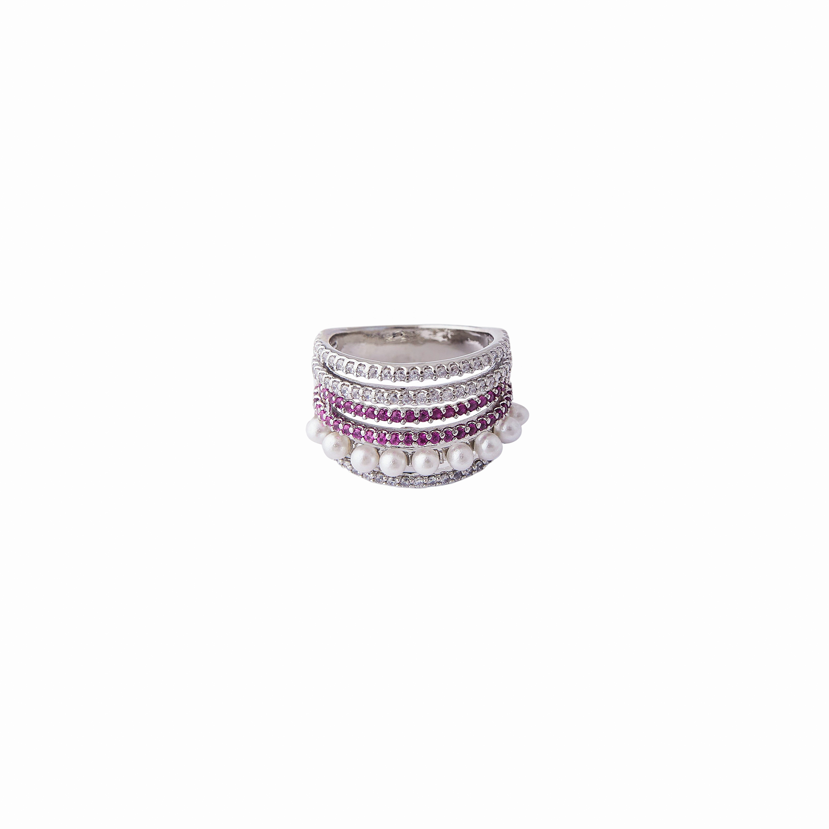 multi-level ring made of white and pink crystals and pearls