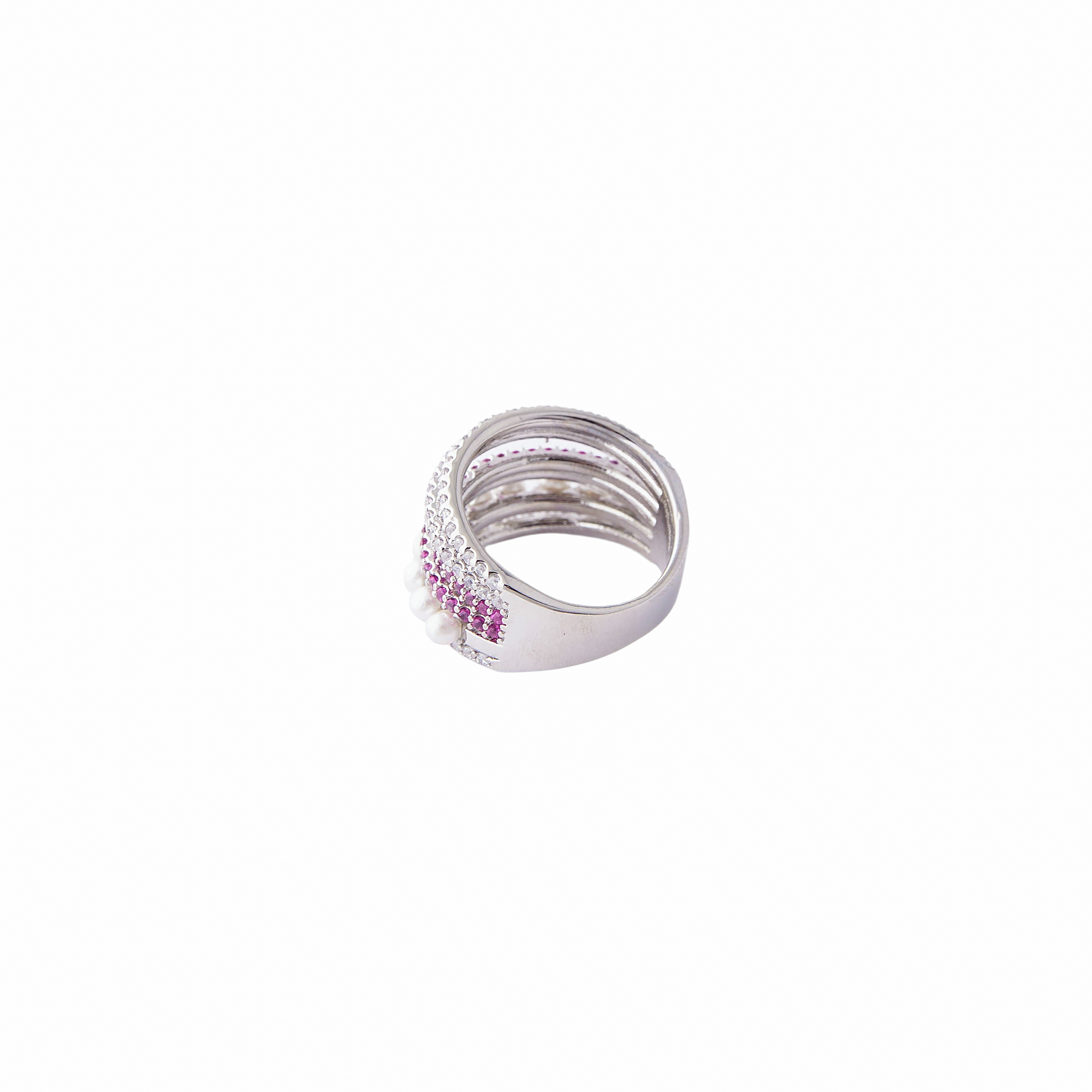 multi-level ring made of white and pink crystals and pearls