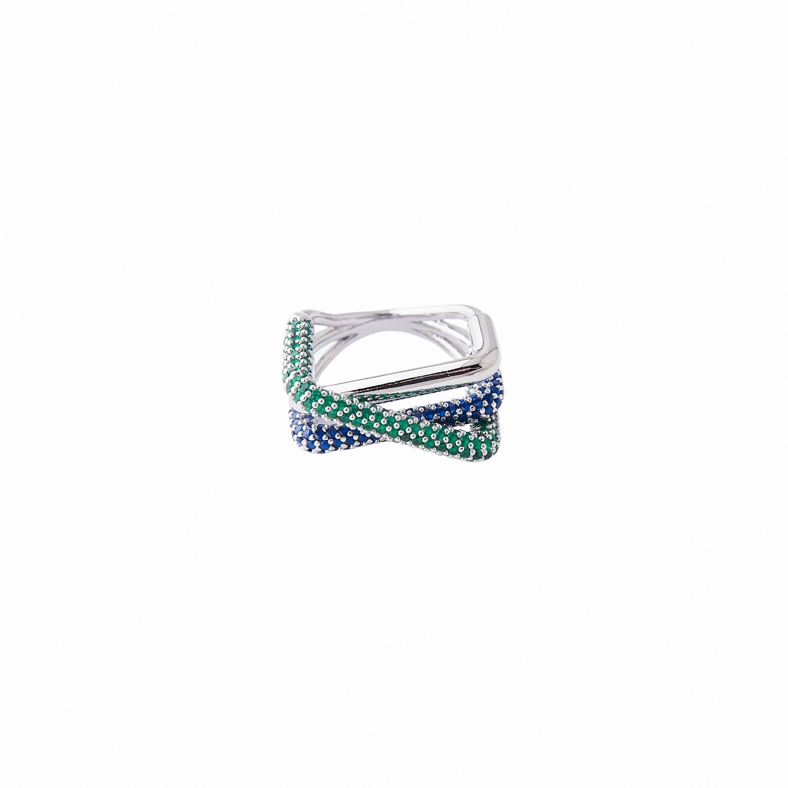 ring of three elements with a pavй of green and blue crystals