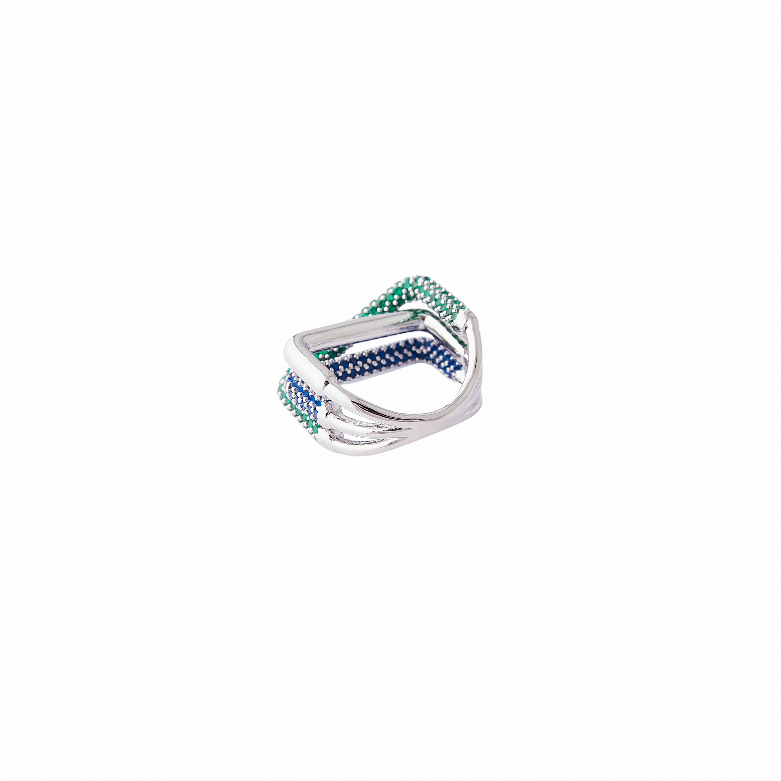 ring of three elements with a pavй of green and blue crystals