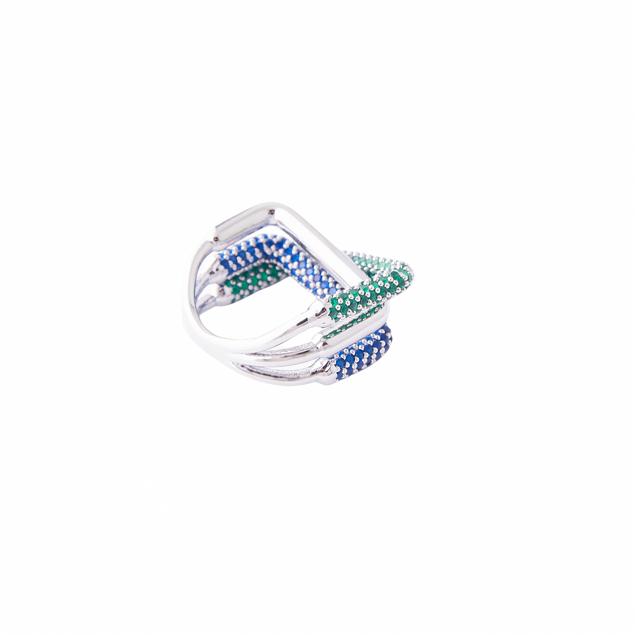 ring of three elements with a pavй of green and blue crystals