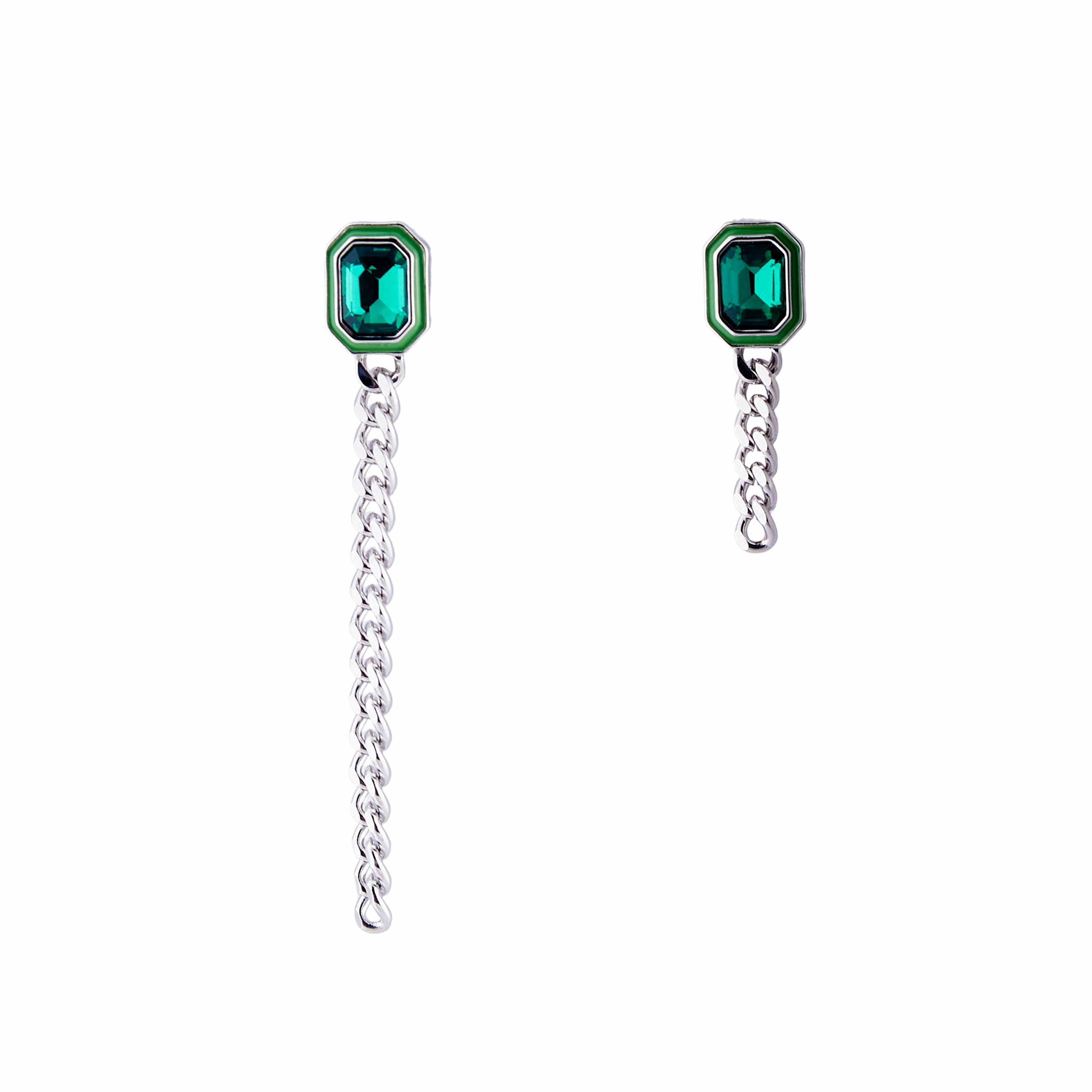 earrings with green crystals and enamel and asymmetric chain pendants