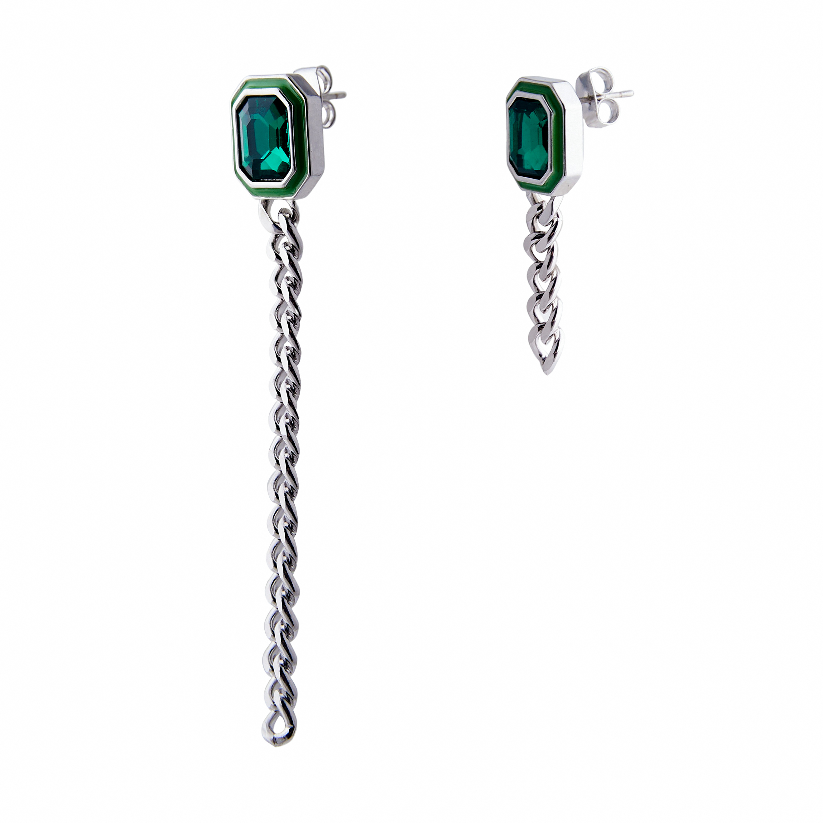 earrings with green crystals and enamel and asymmetric chain pendants