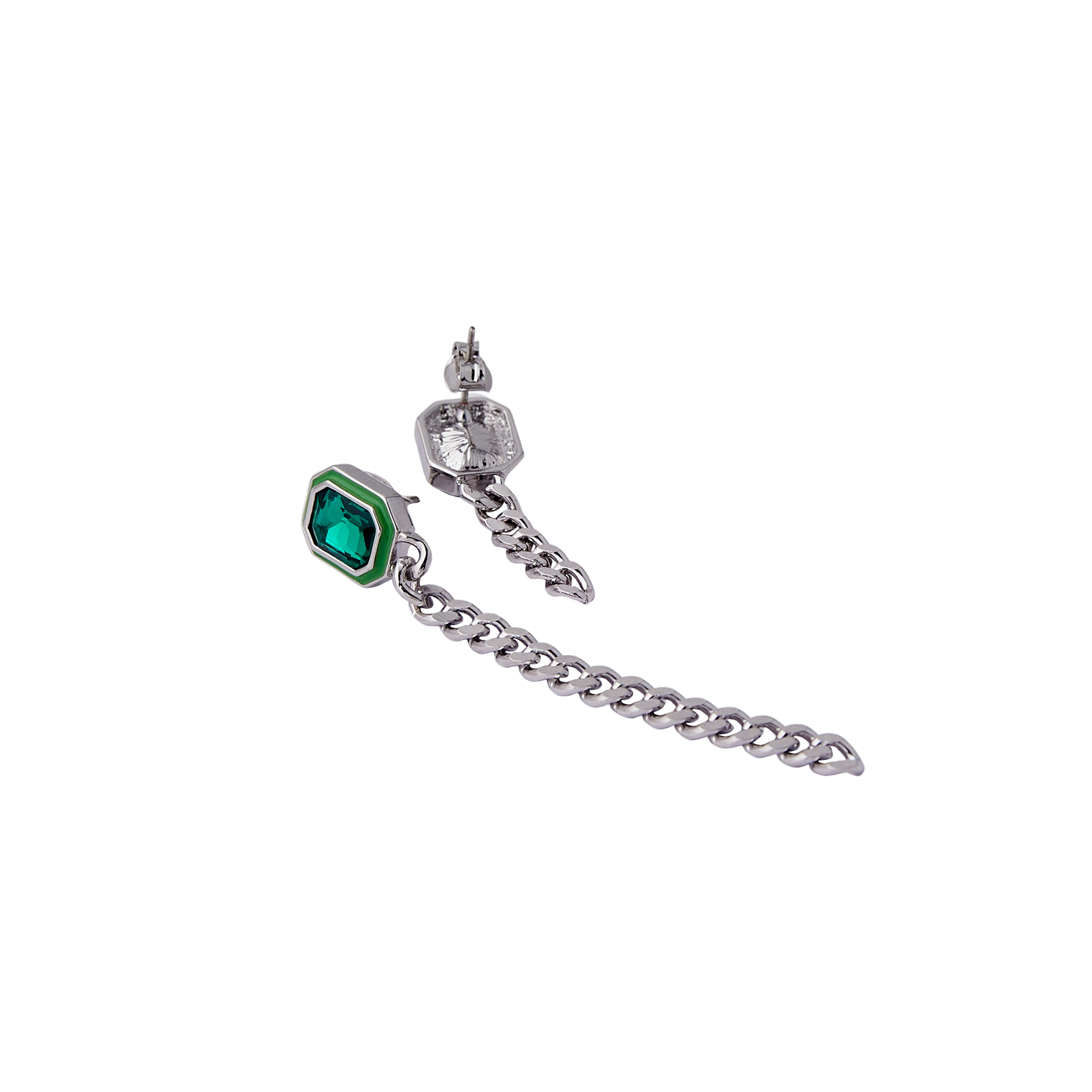 earrings with green crystals and enamel and asymmetric chain pendants