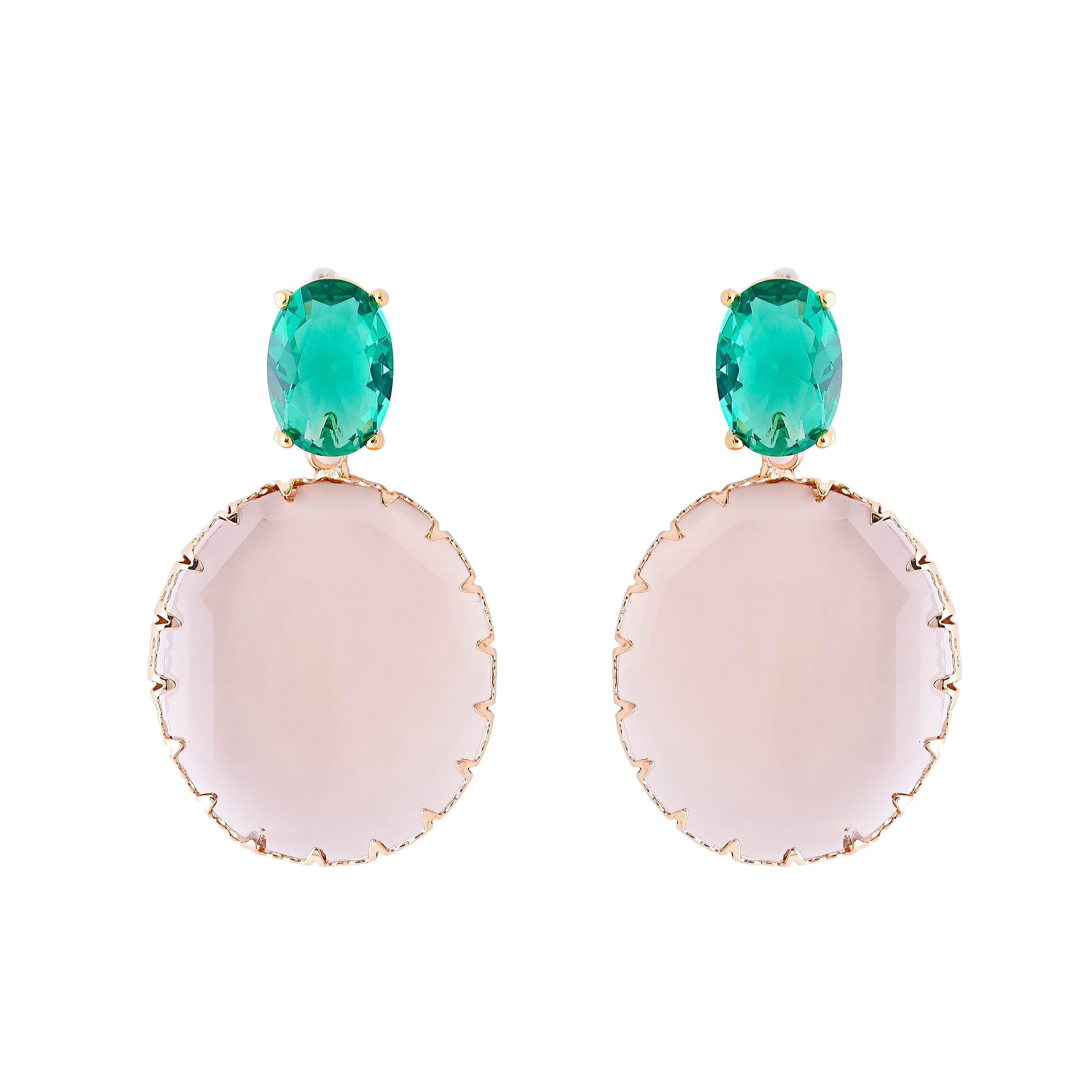 Golden earrings with large green crystals and pink oval pendants