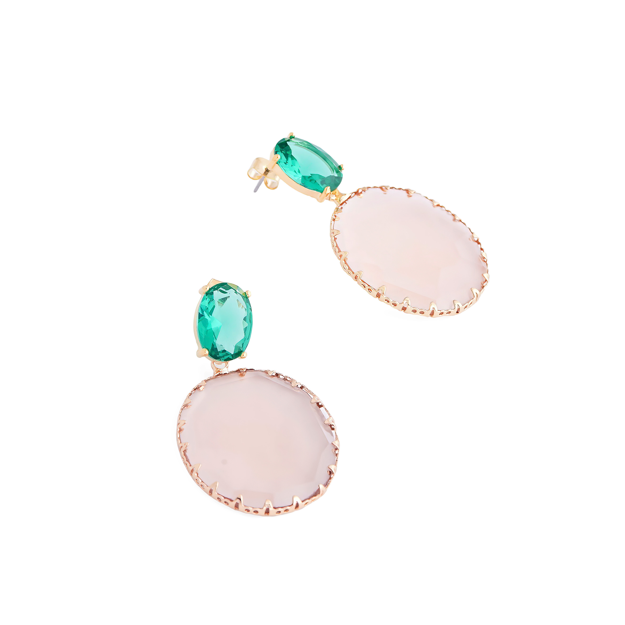 Golden earrings with large green crystals and pink oval pendants