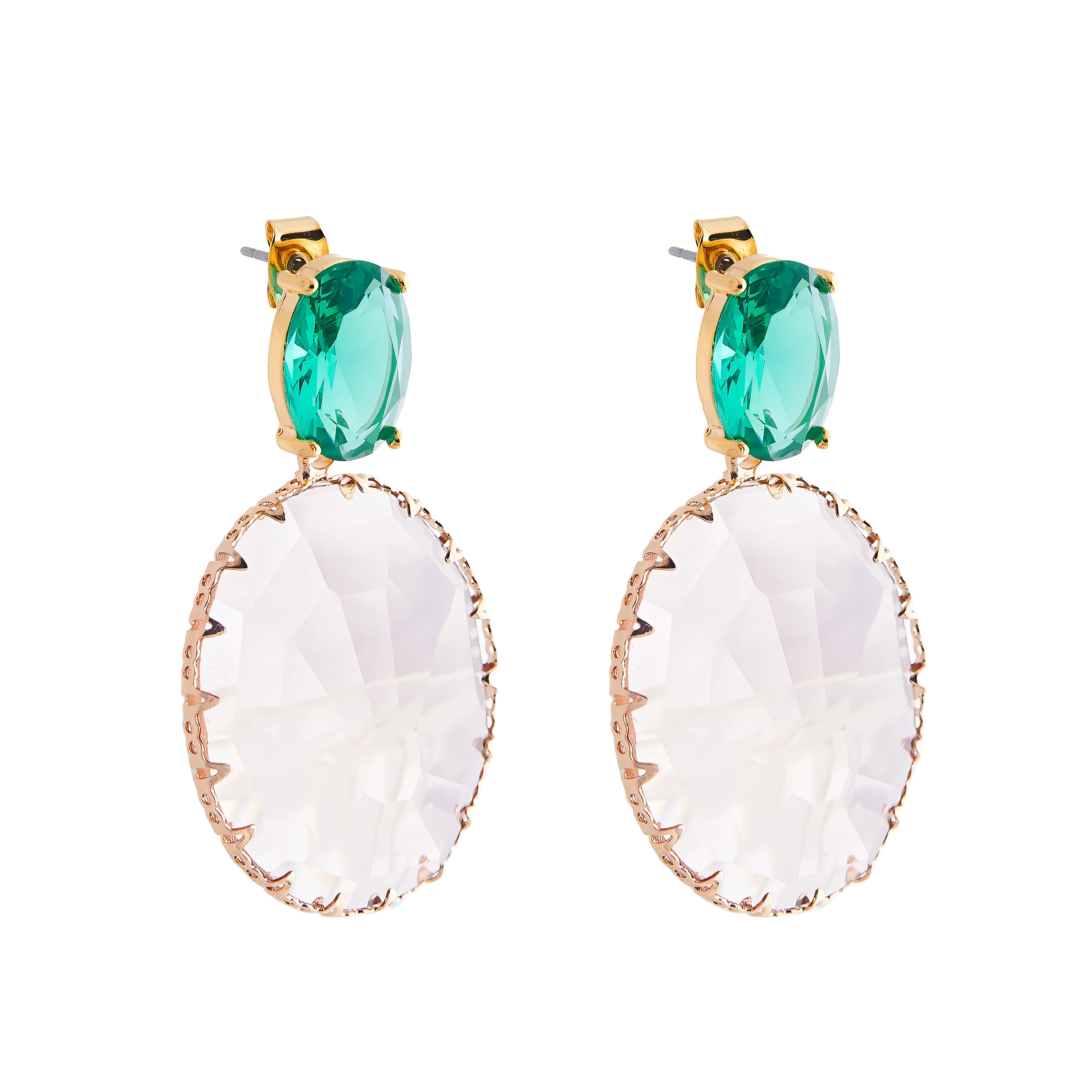 Golden earrings with large green crystals and pink oval pendants