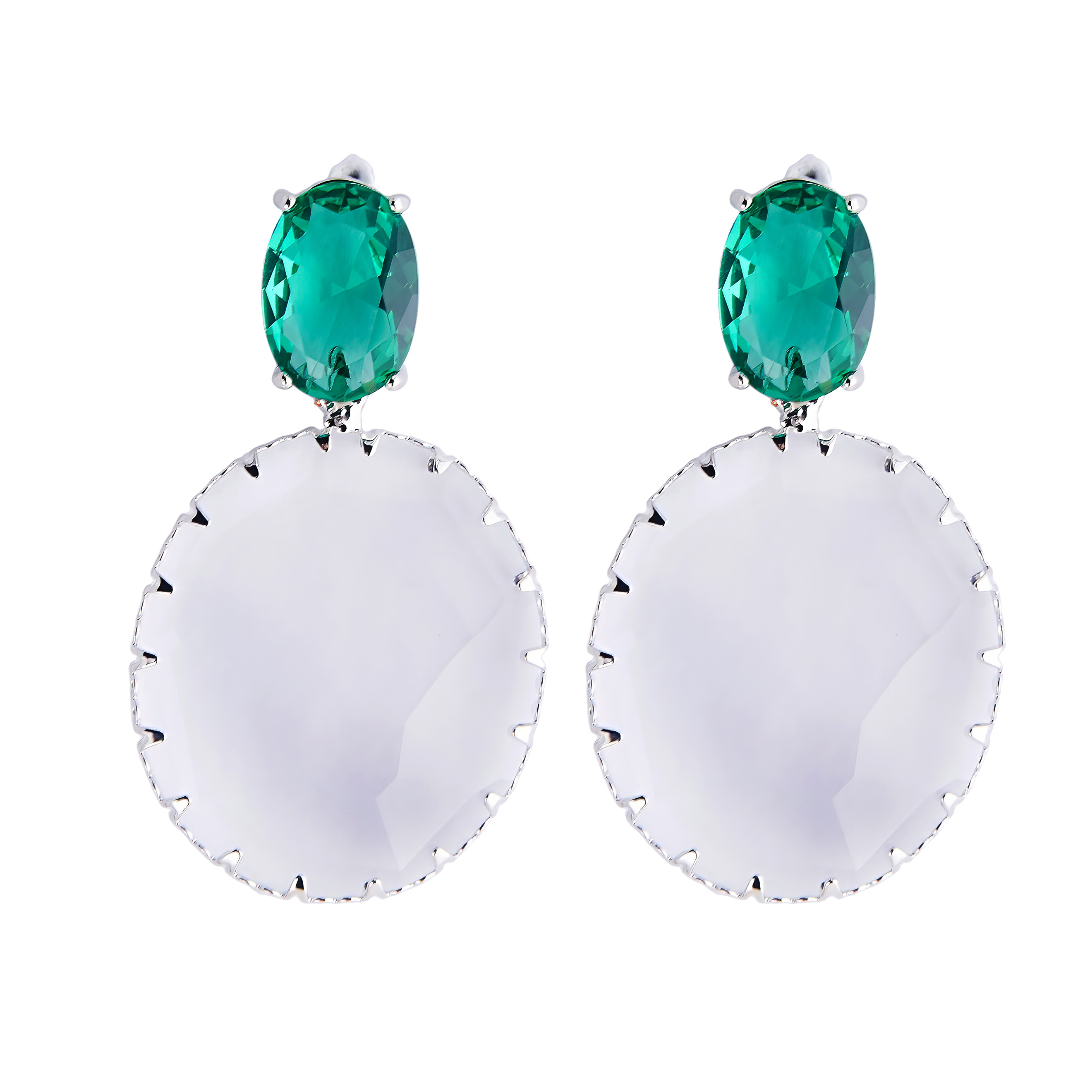 Bicolor earrings with large green crystals and transparent oval pendants