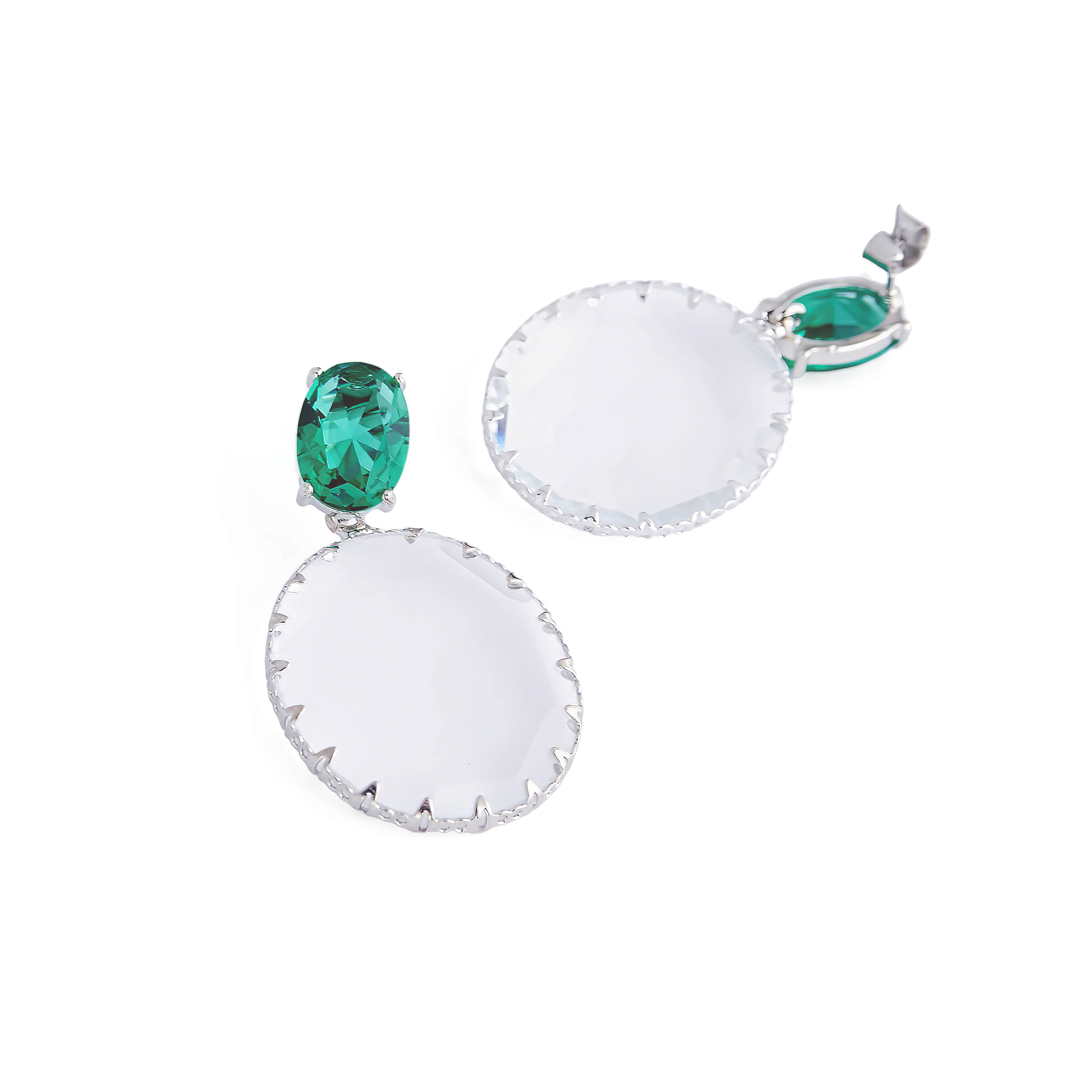 Bicolor earrings with large green crystals and transparent oval pendants