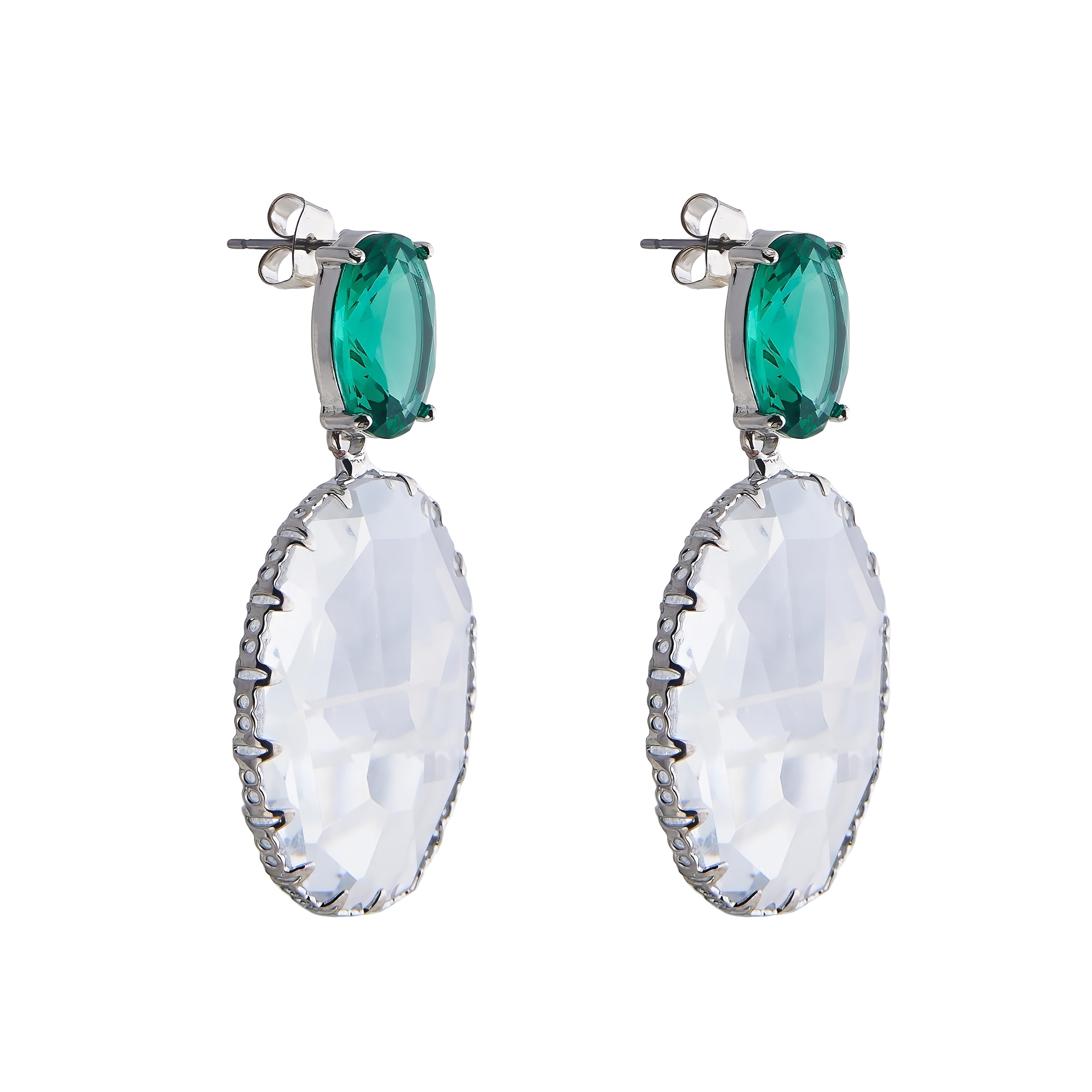Bicolor earrings with large green crystals and transparent oval pendants