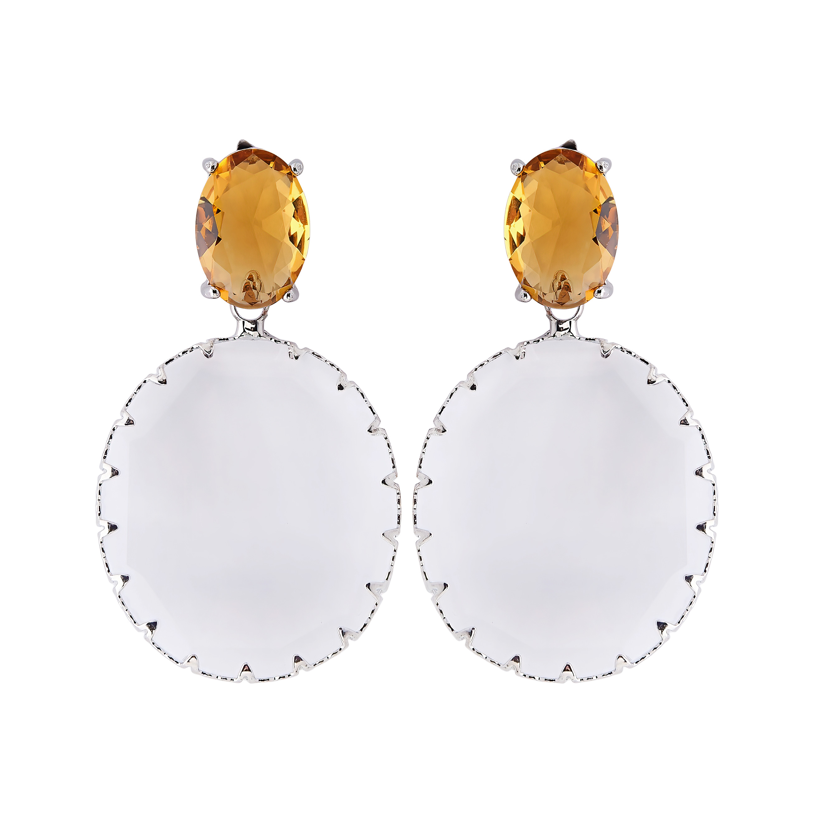 Bicolor earrings with large yellow crystals and transparent oval pendants