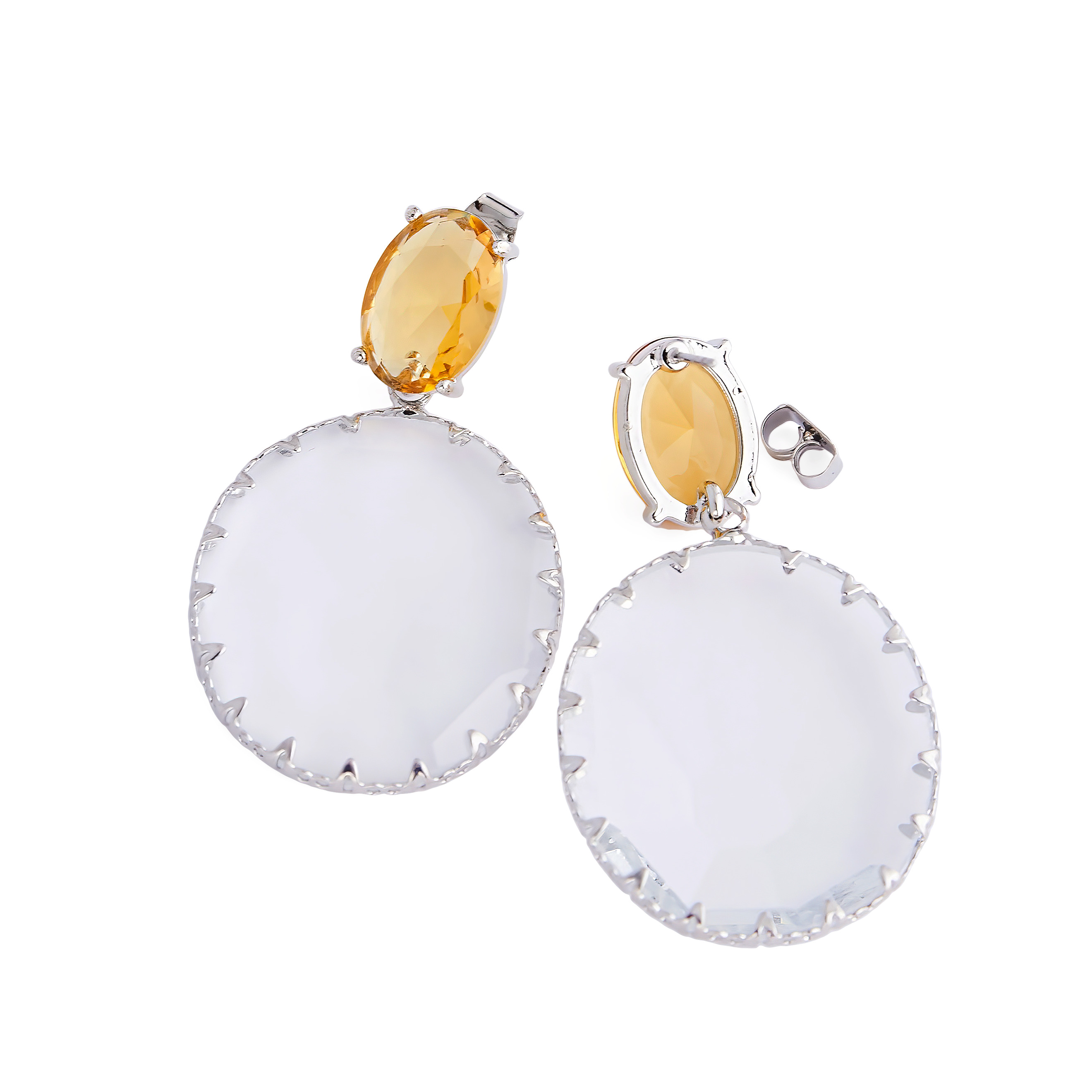 Bicolor earrings with large yellow crystals and transparent oval pendants