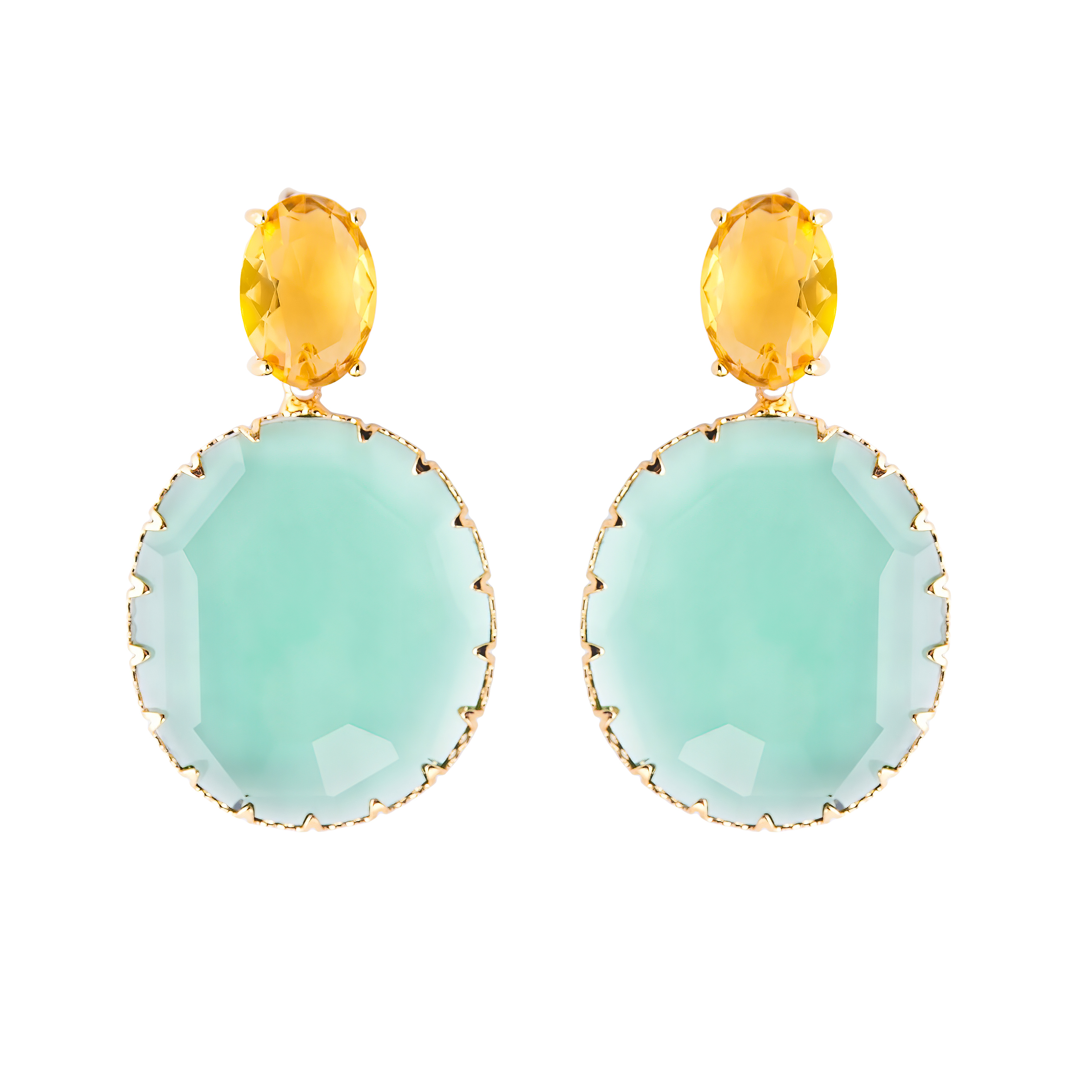 earrings with large yellow crystals and green oval pendants