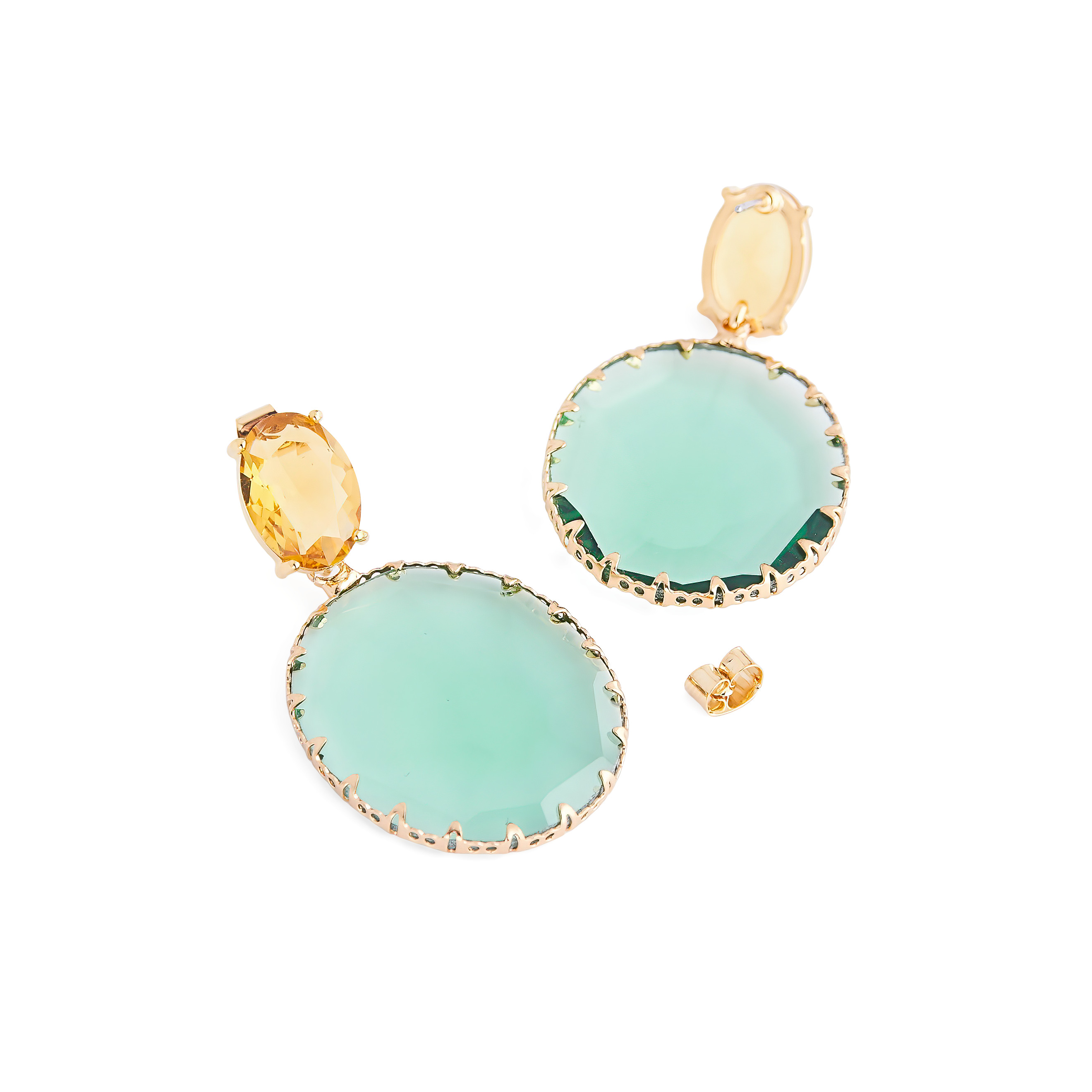 earrings with large yellow crystals and green oval pendants