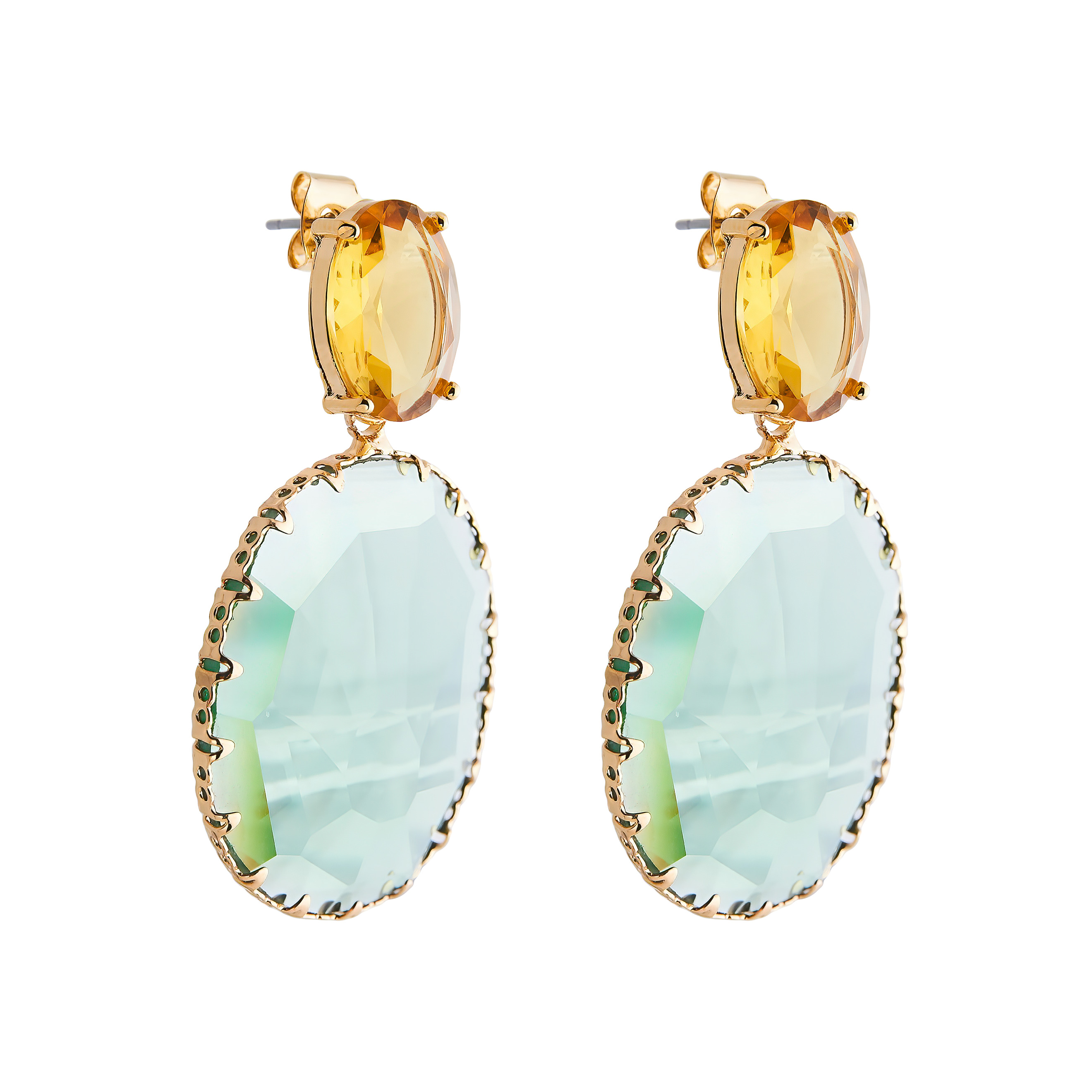 earrings with large yellow crystals and green oval pendants