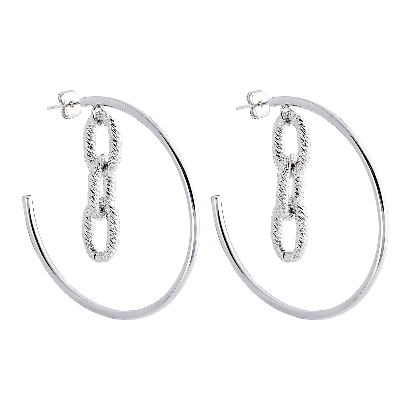 Aqua Серебристые серьги-кольца с подвеской-цепью цена и фото