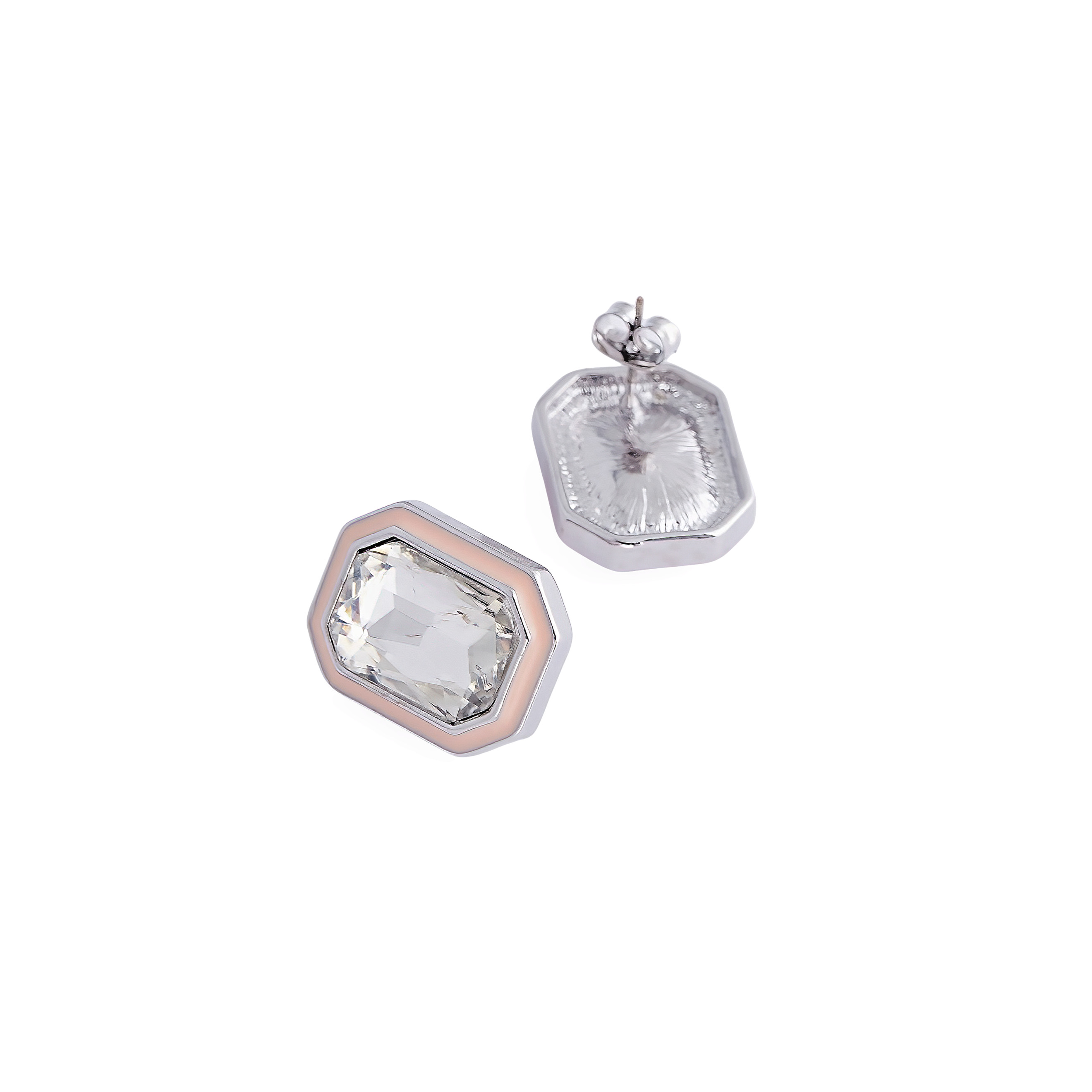 Large  earrings with white crystals and pink enamel
