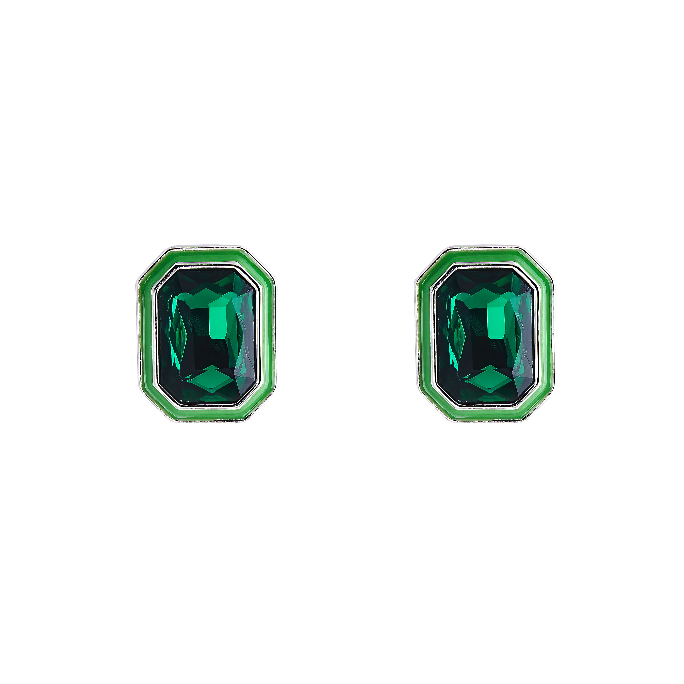 Large earrings with green crystals and green enamel