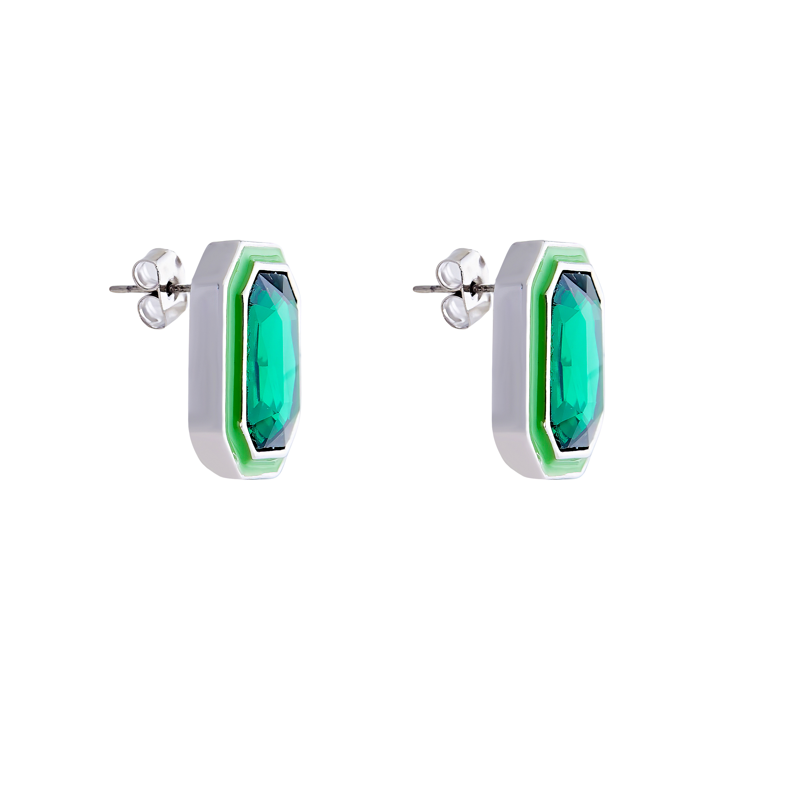 Large earrings with green crystals and green enamel