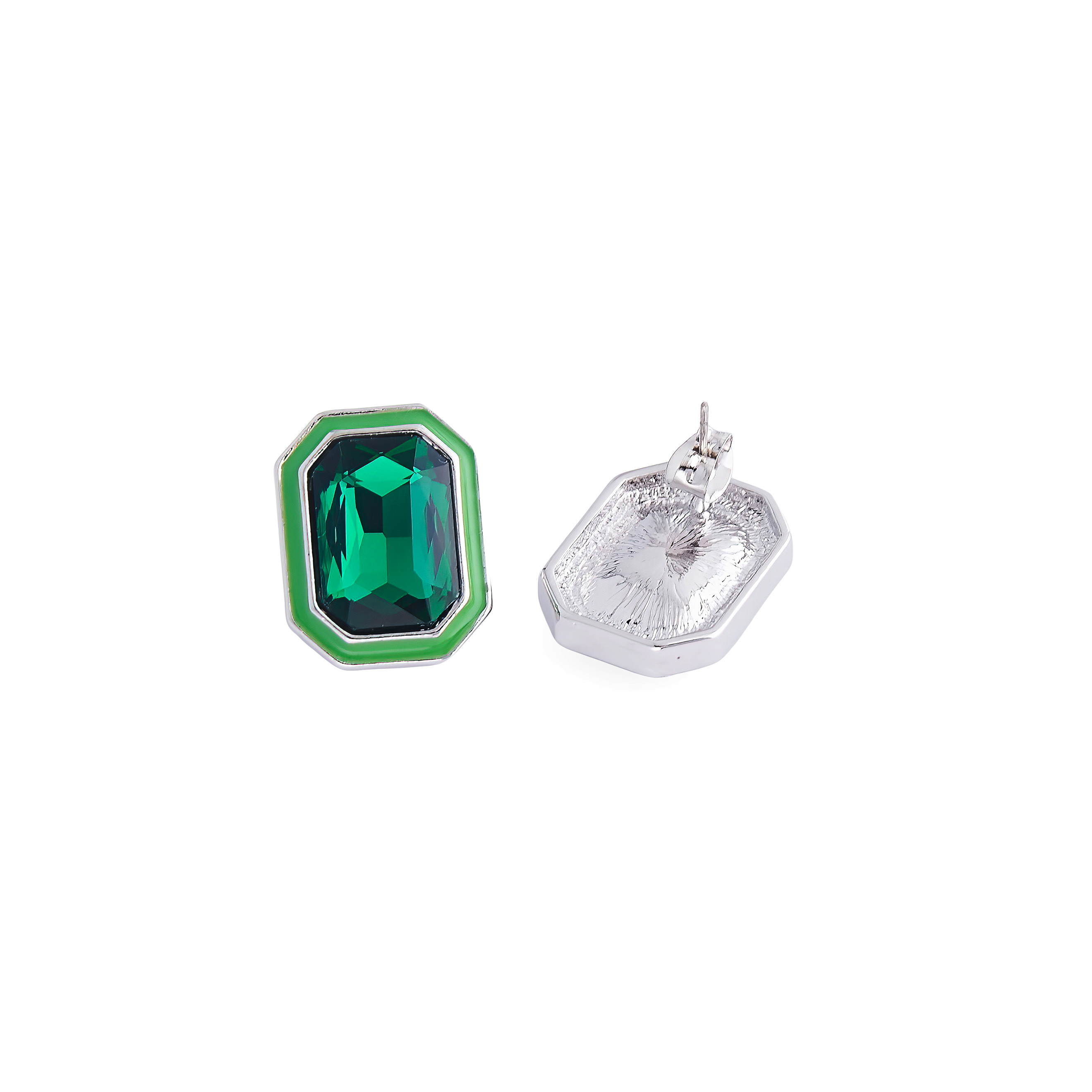 Large earrings with green crystals and green enamel