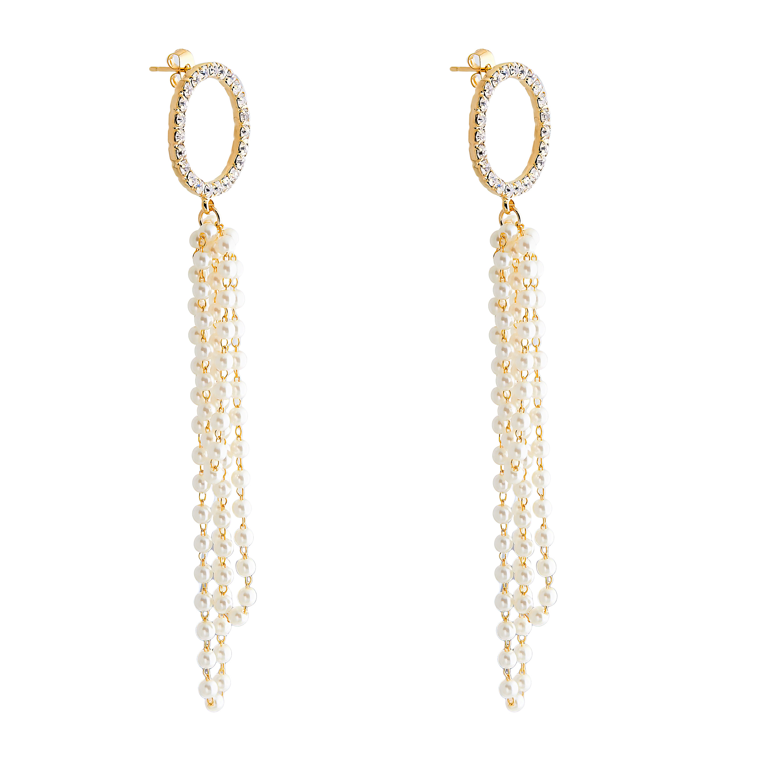 circle earrings with crystal pavй and long pearl pendants