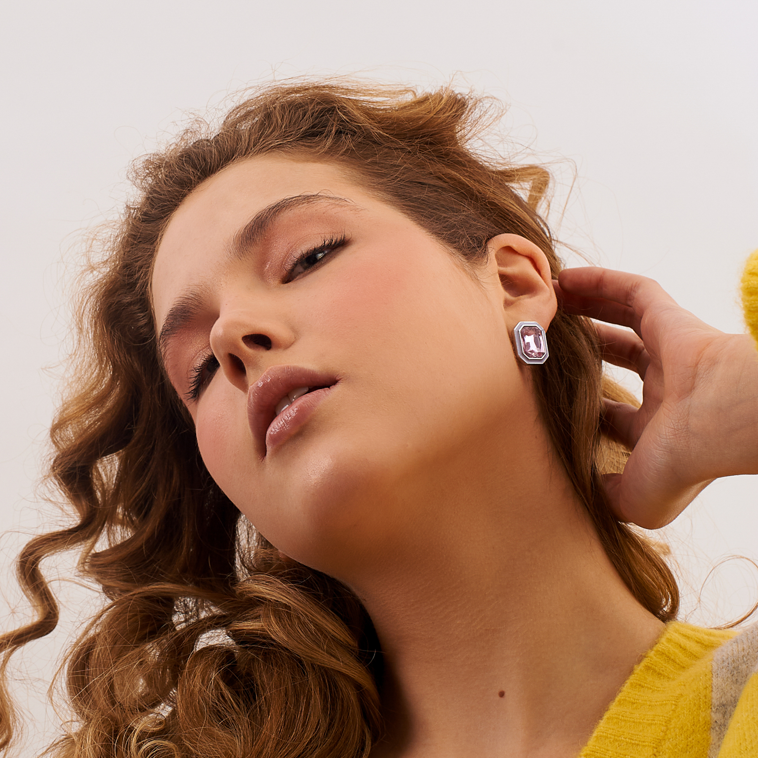 earrings with pink crystals and white enamel