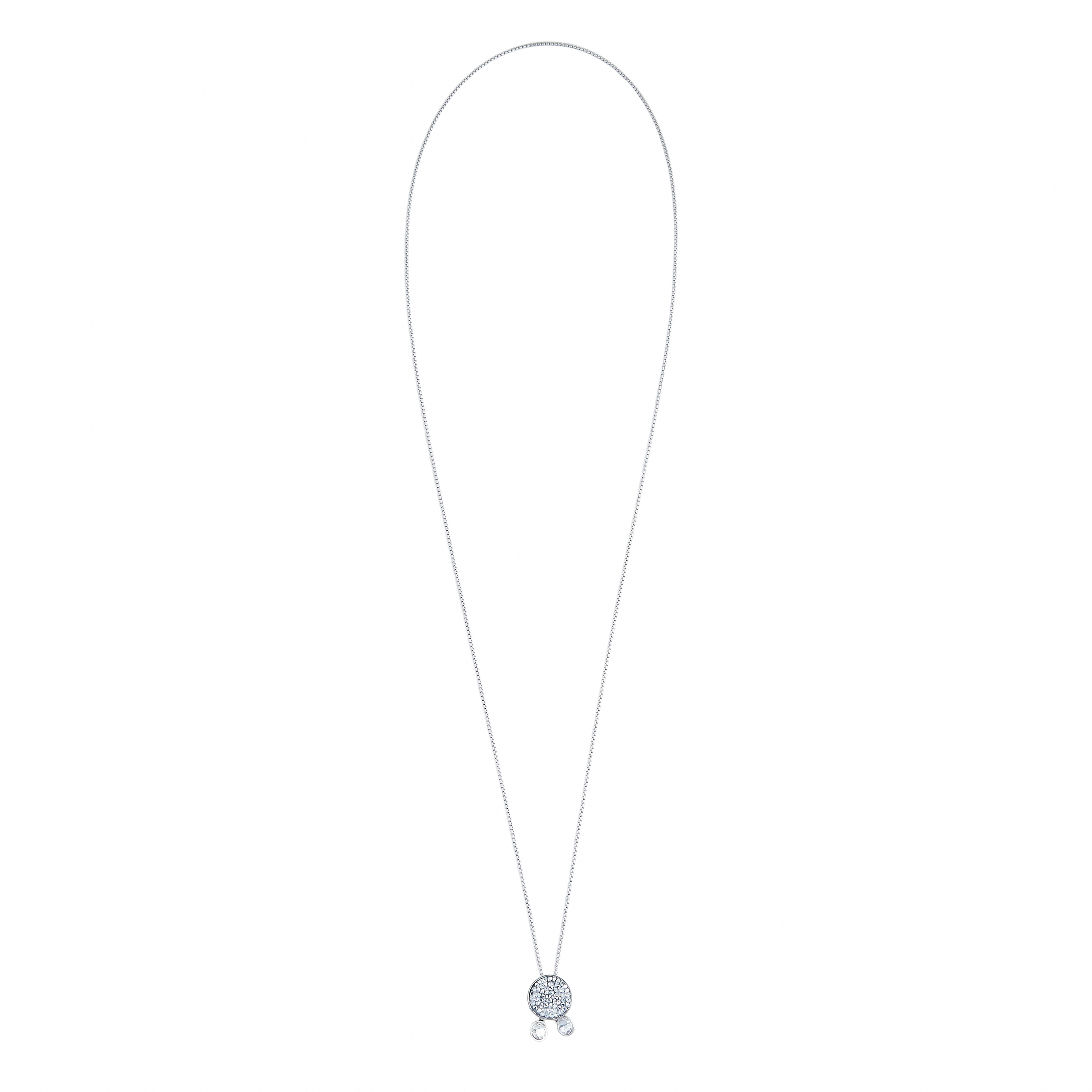 Long necklace-chain around the neck with a round element and crystals