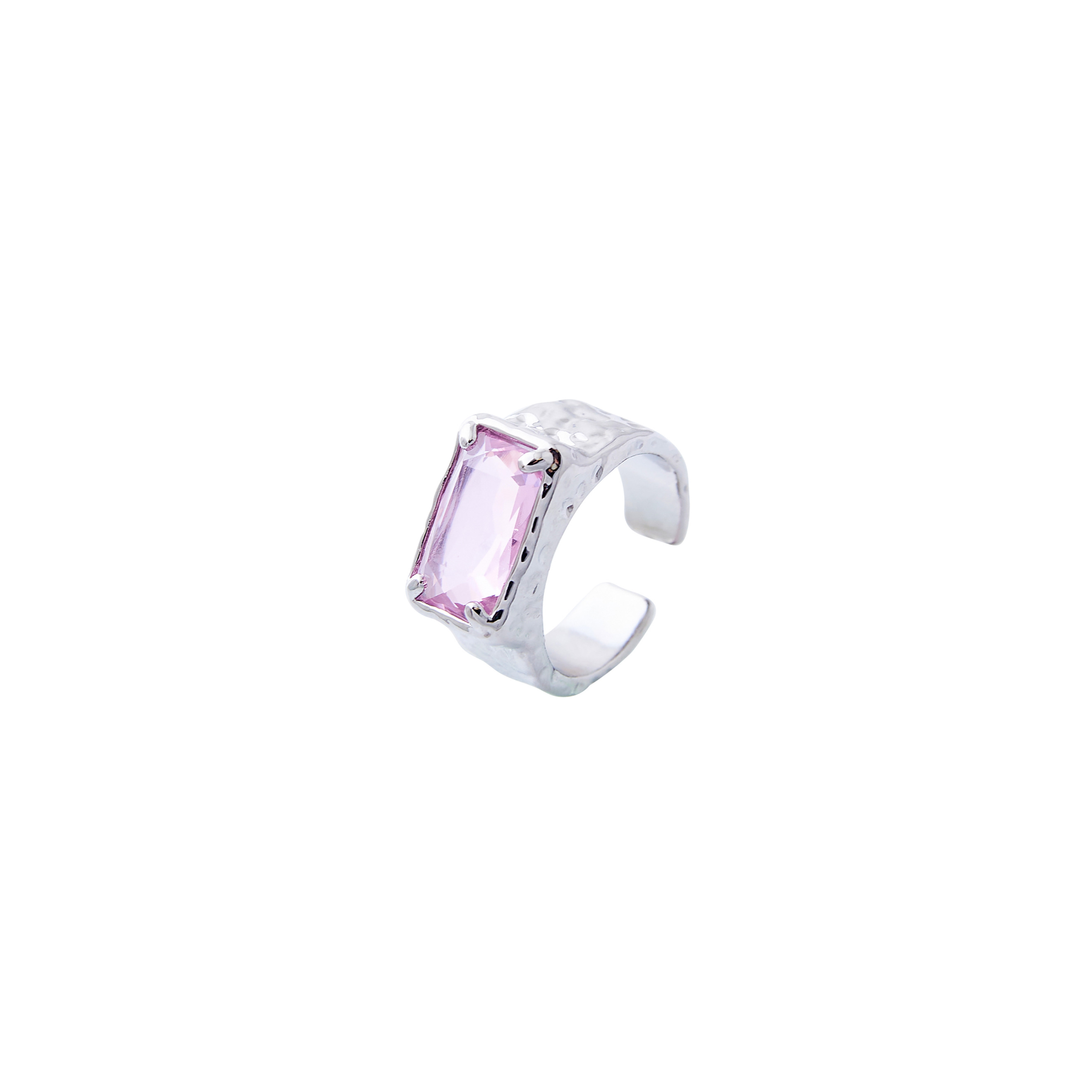 open ring with a large pink crystal baguette