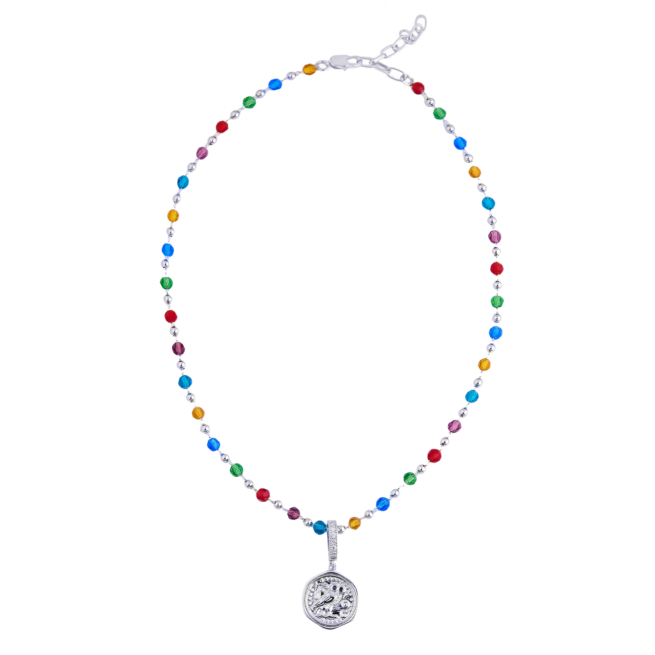Aqua Разноцветное колье-бусы с рельефным серебристым медальоном