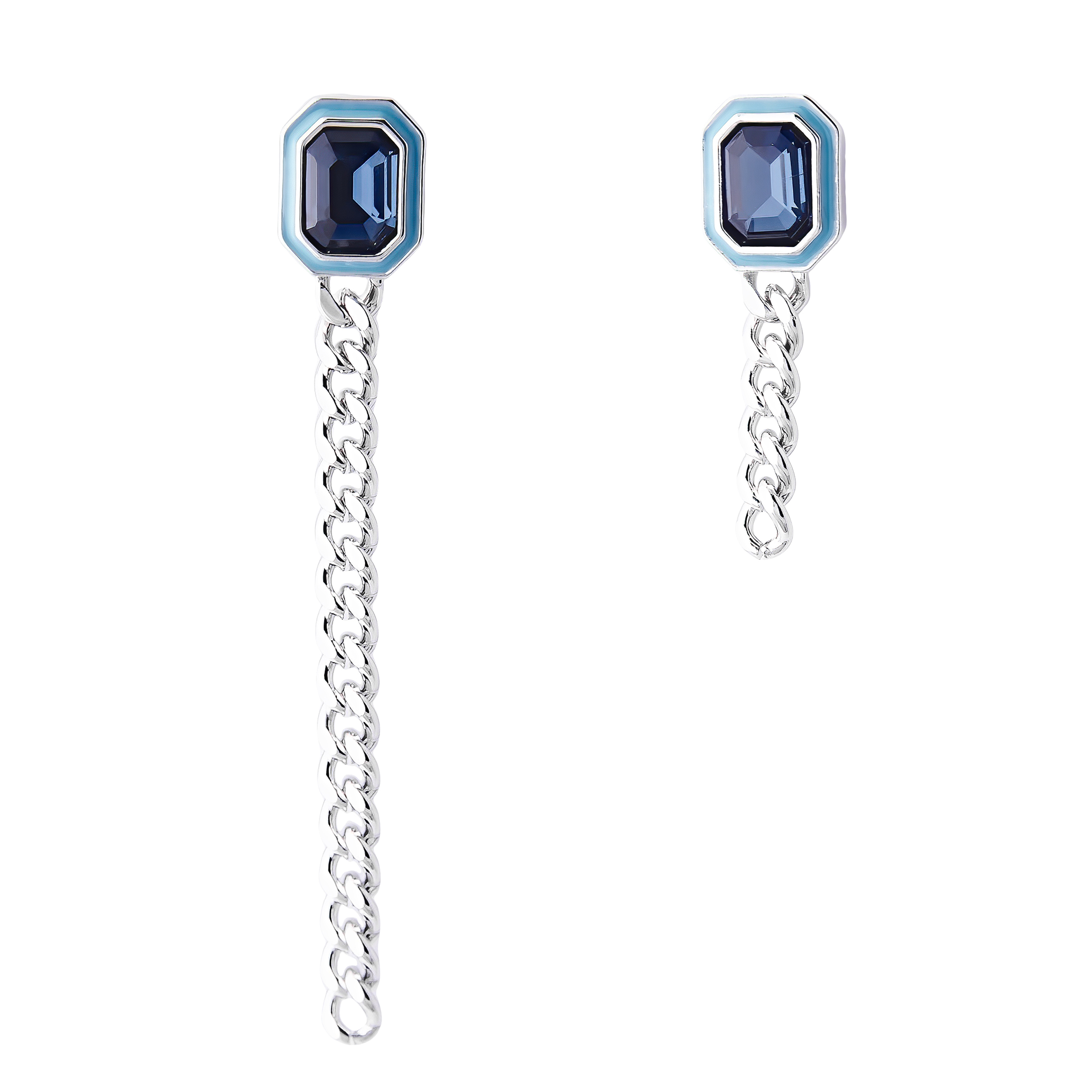 earrings with blue crystals and enamel and asymmetric chain pendants