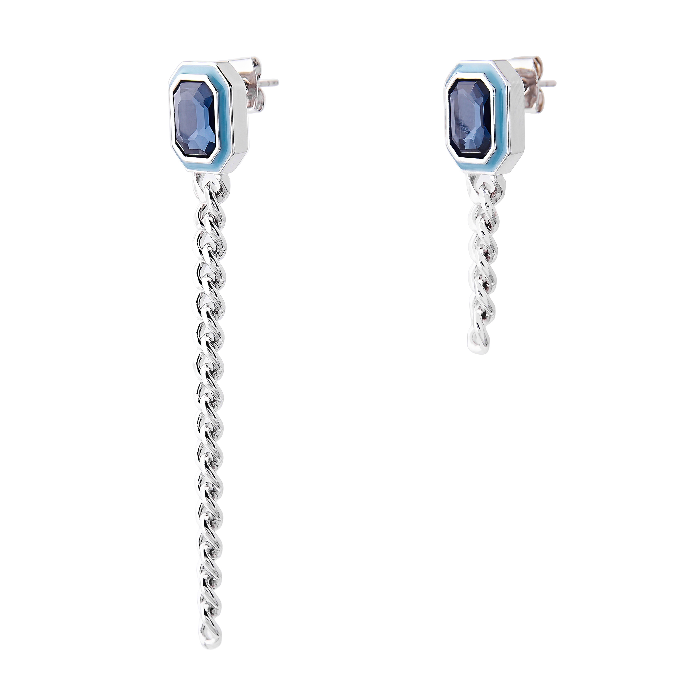 earrings with blue crystals and enamel and asymmetric chain pendants