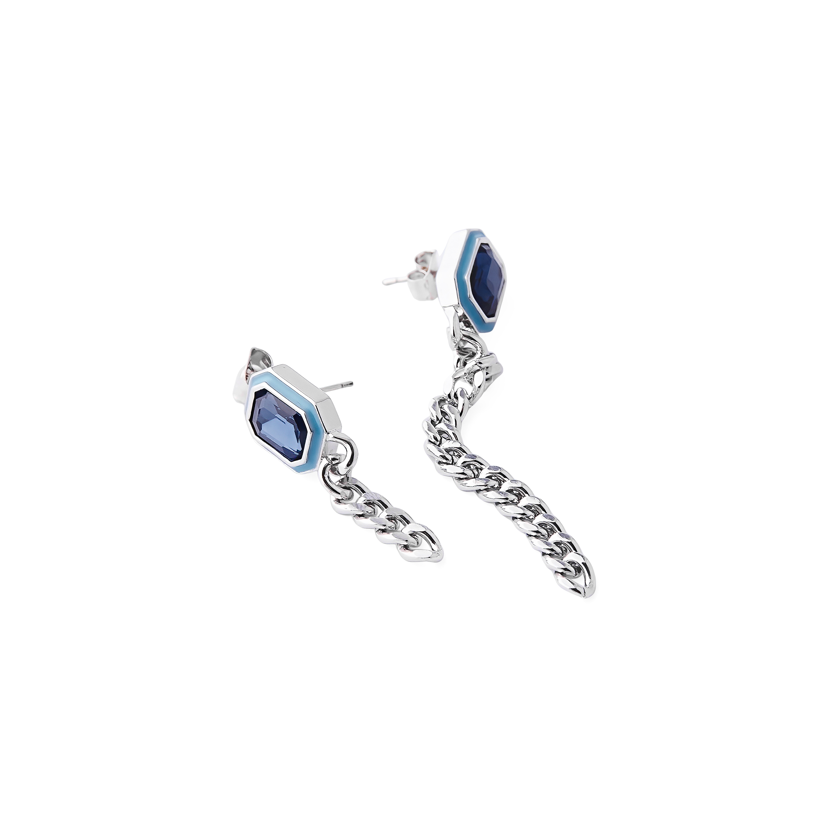 earrings with blue crystals and enamel and asymmetric chain pendants