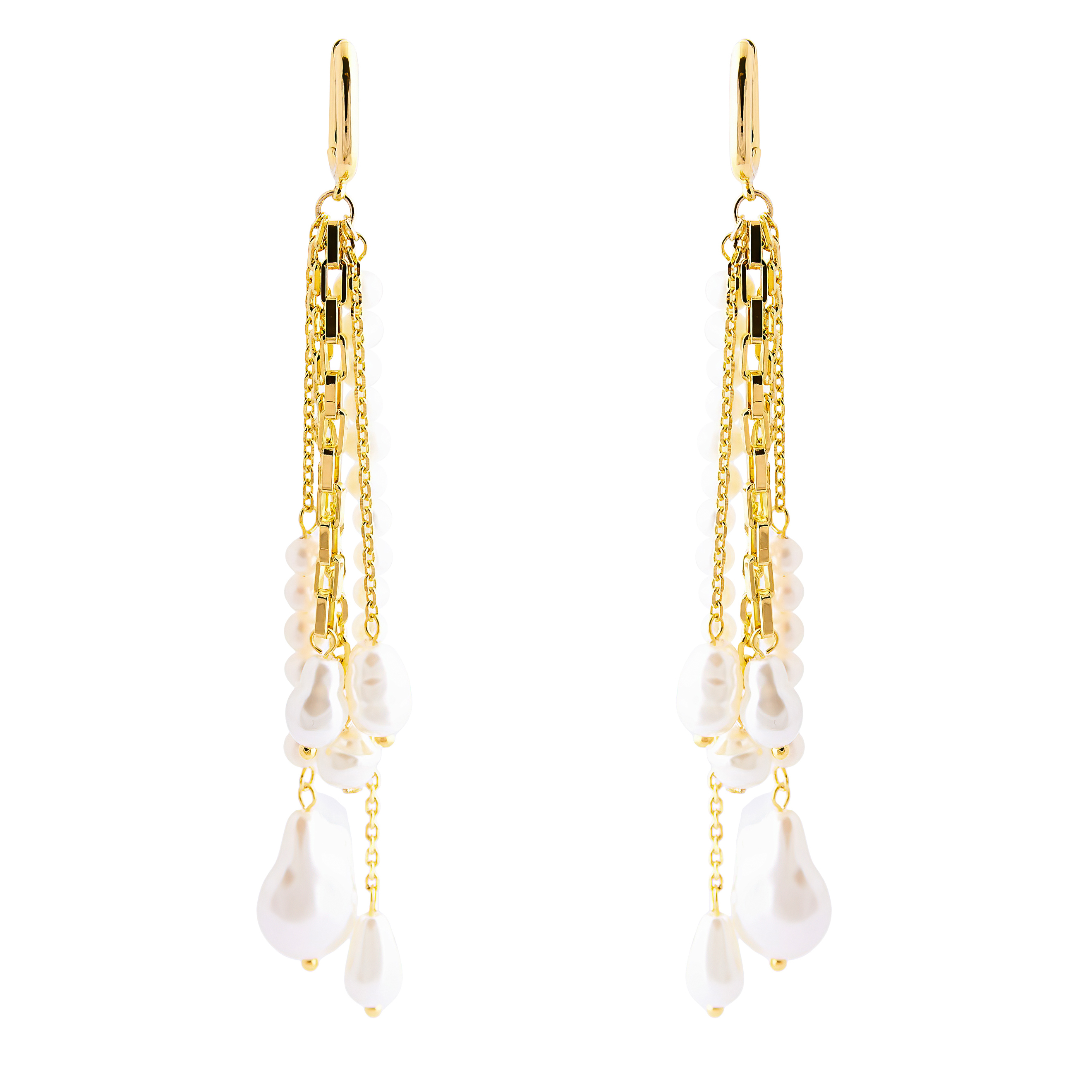 earrings with pendants made of chains and pearls